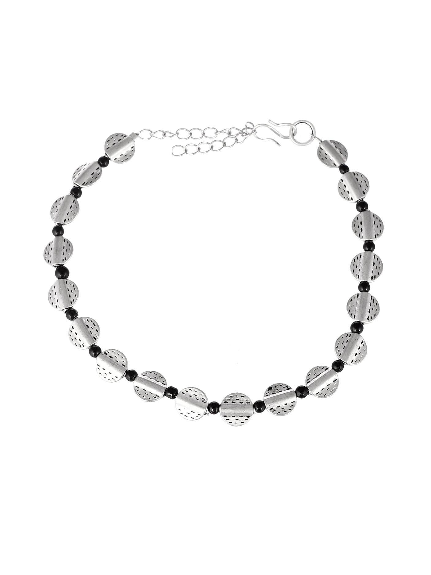 Silver Plated Black Beaded Oxidised Chain Anklet