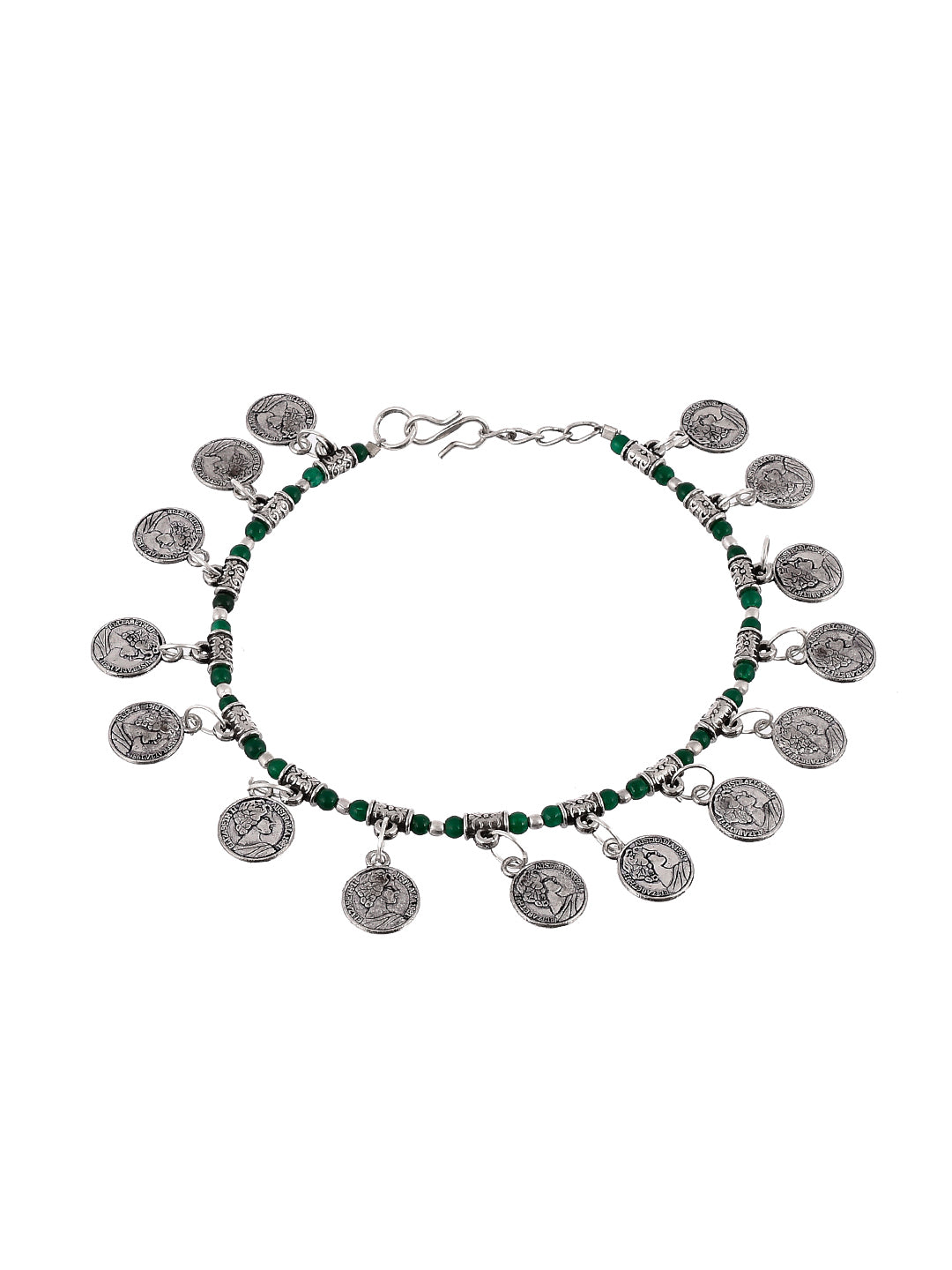 Silver Plated Green Beads Coin Handmade Anklets