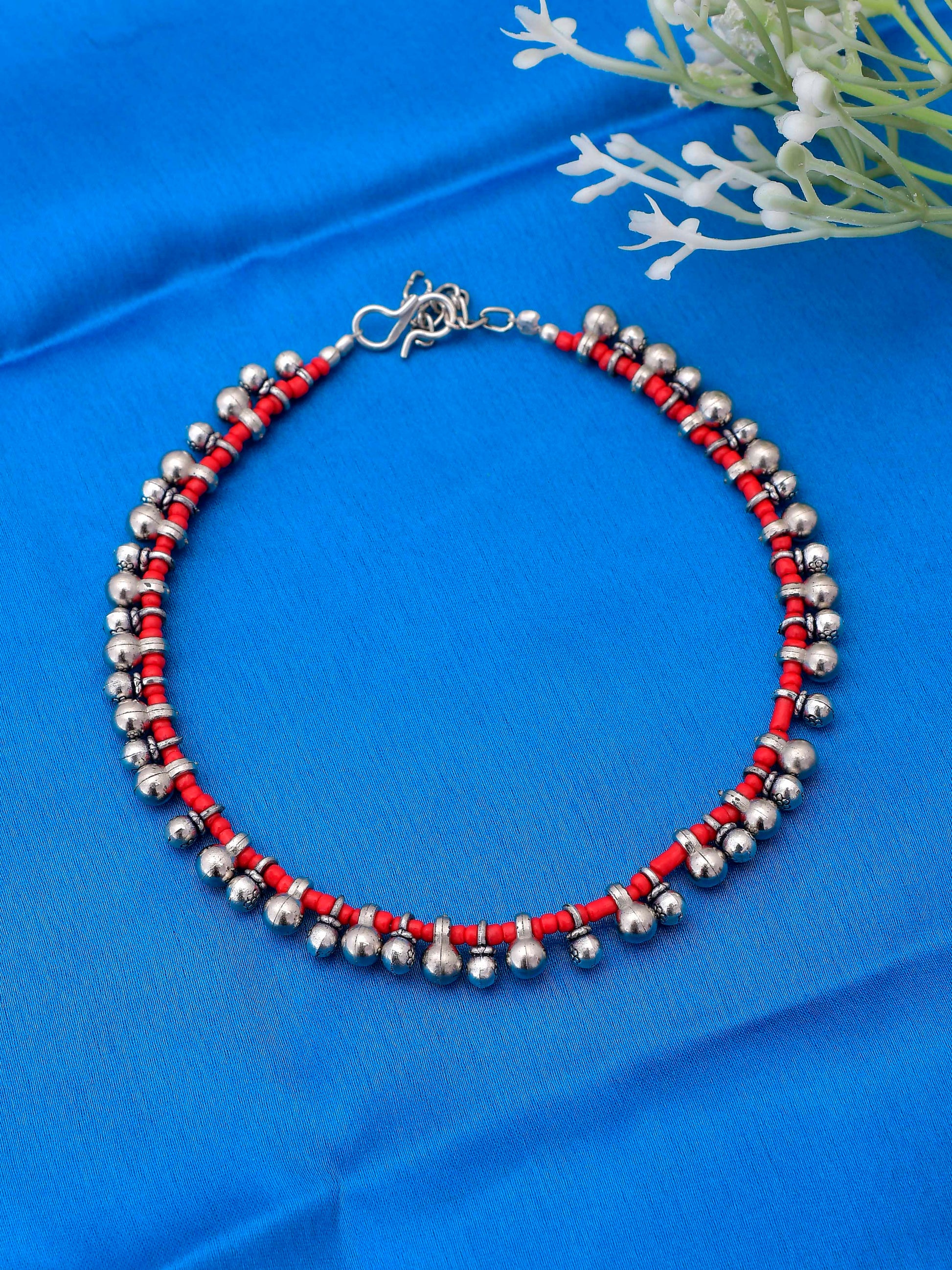 Designer Silver Ghungroo Red Beads Tribal Anklet