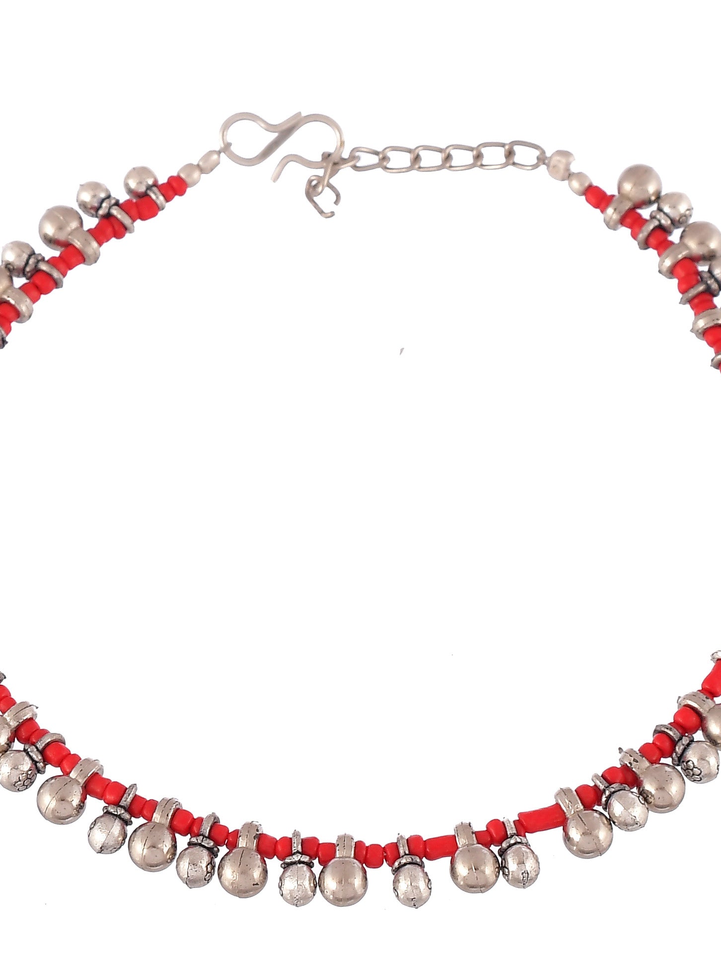 Silver Plated Red Ghungroo Beaded Tribal Anklet