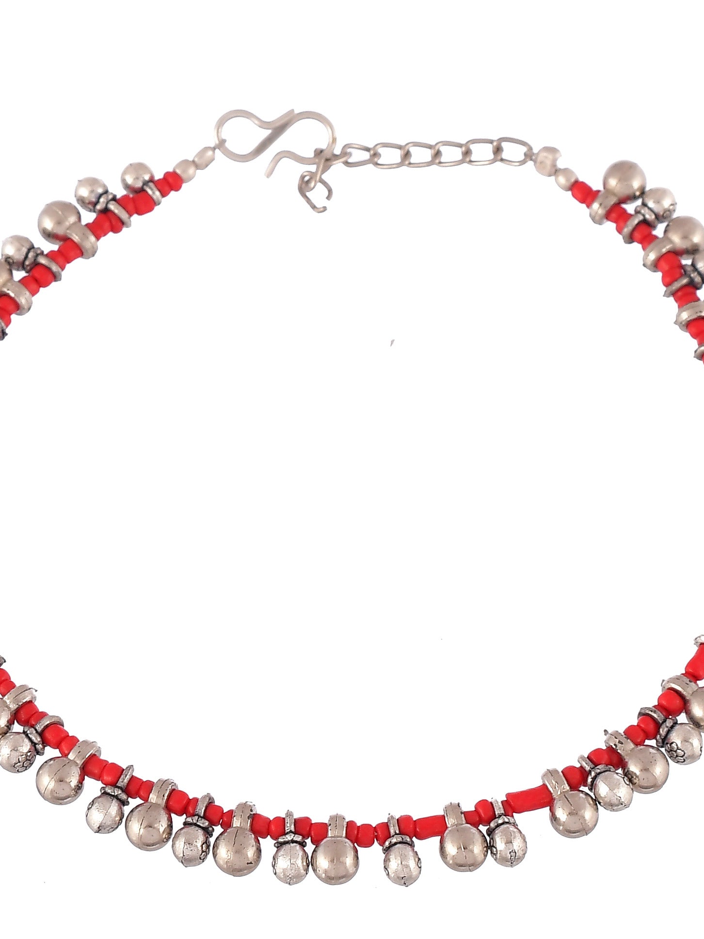 Designer Silver Ghungroo Red Beads Tribal Anklet