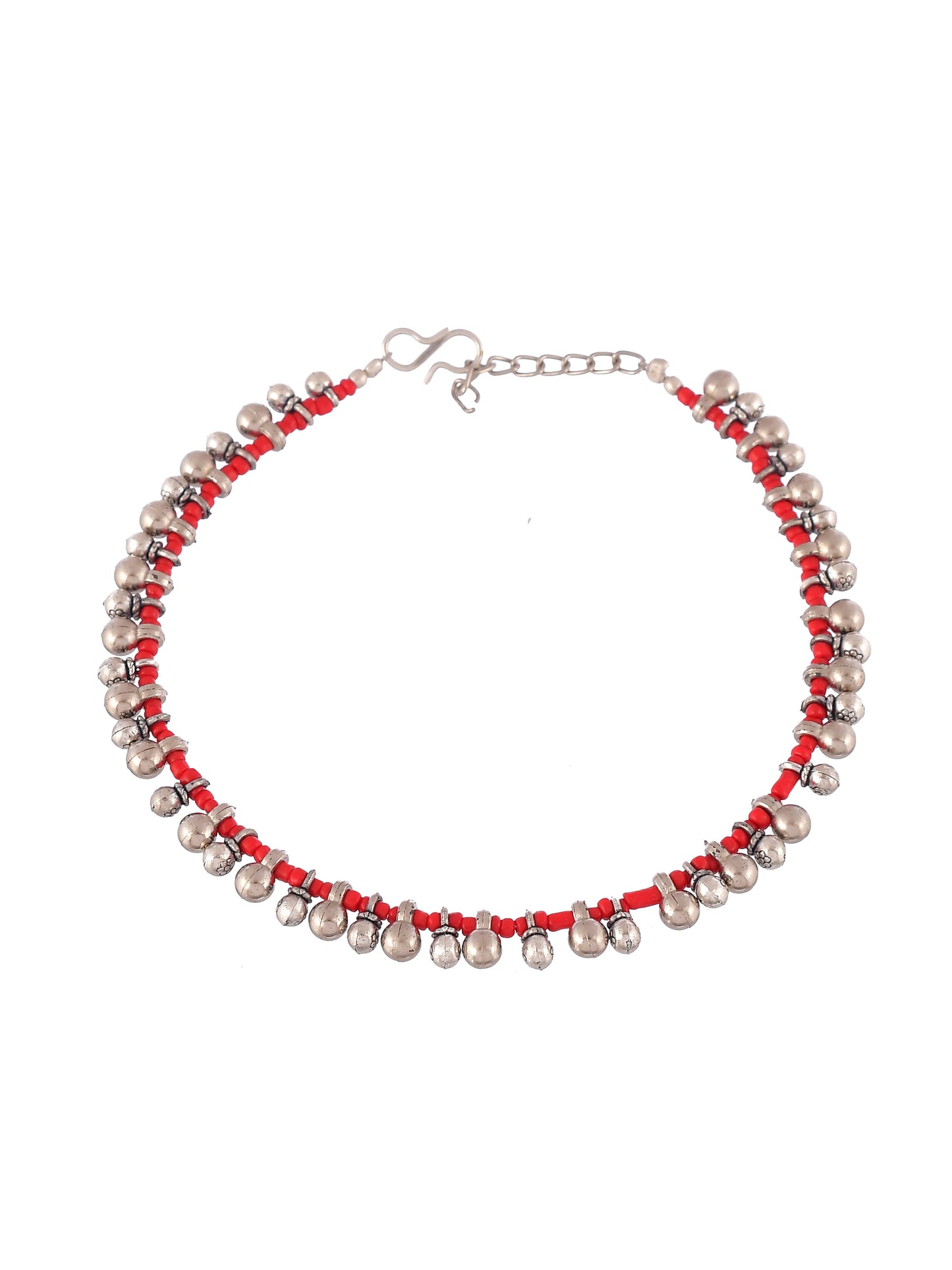 Designer Silver Ghungroo Red Beads Tribal Anklet