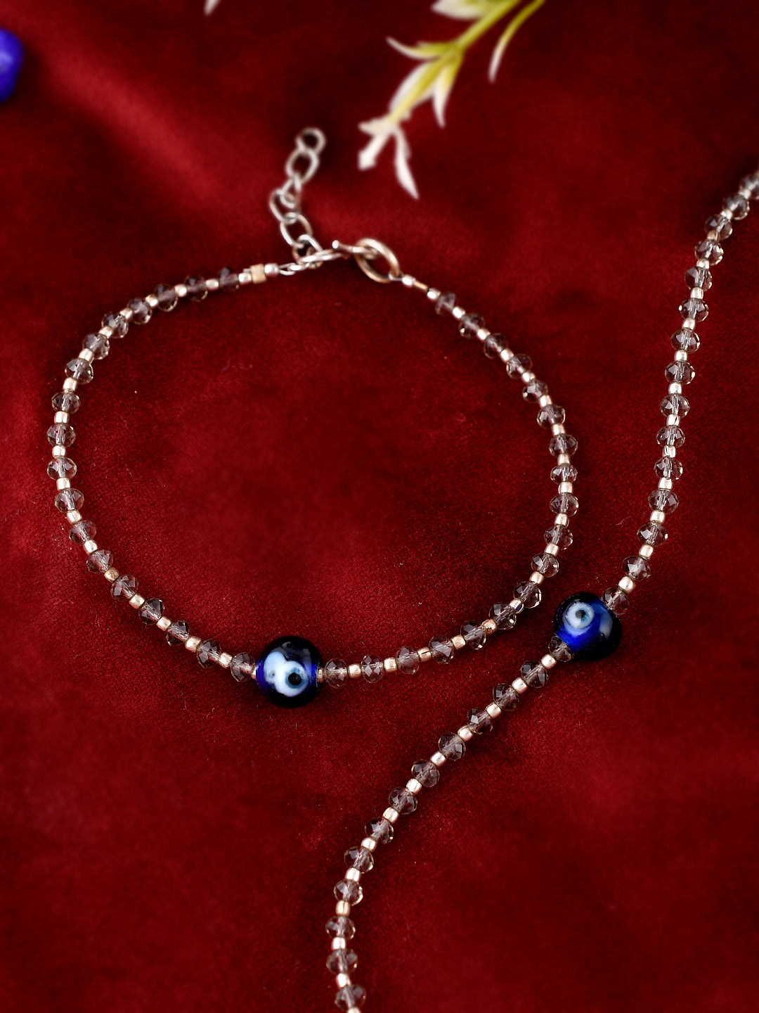 Silver Toned Grey Beaded Evil Eye Chain Anklets for Women Online
