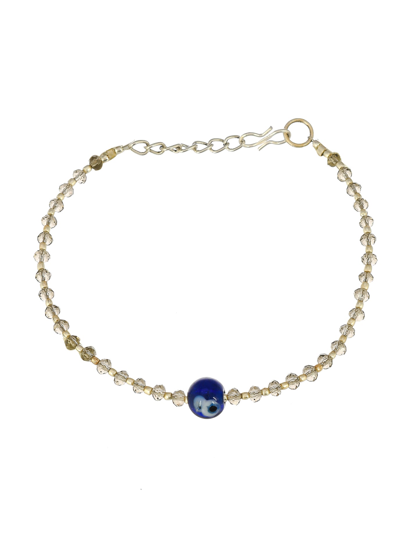 Silver Toned Grey Beaded Evil Eye Chain Anklet