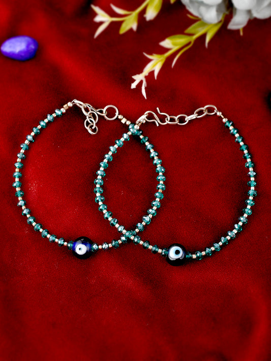 Silver Toned Blue Beaded Evil Eye Chain Anklet