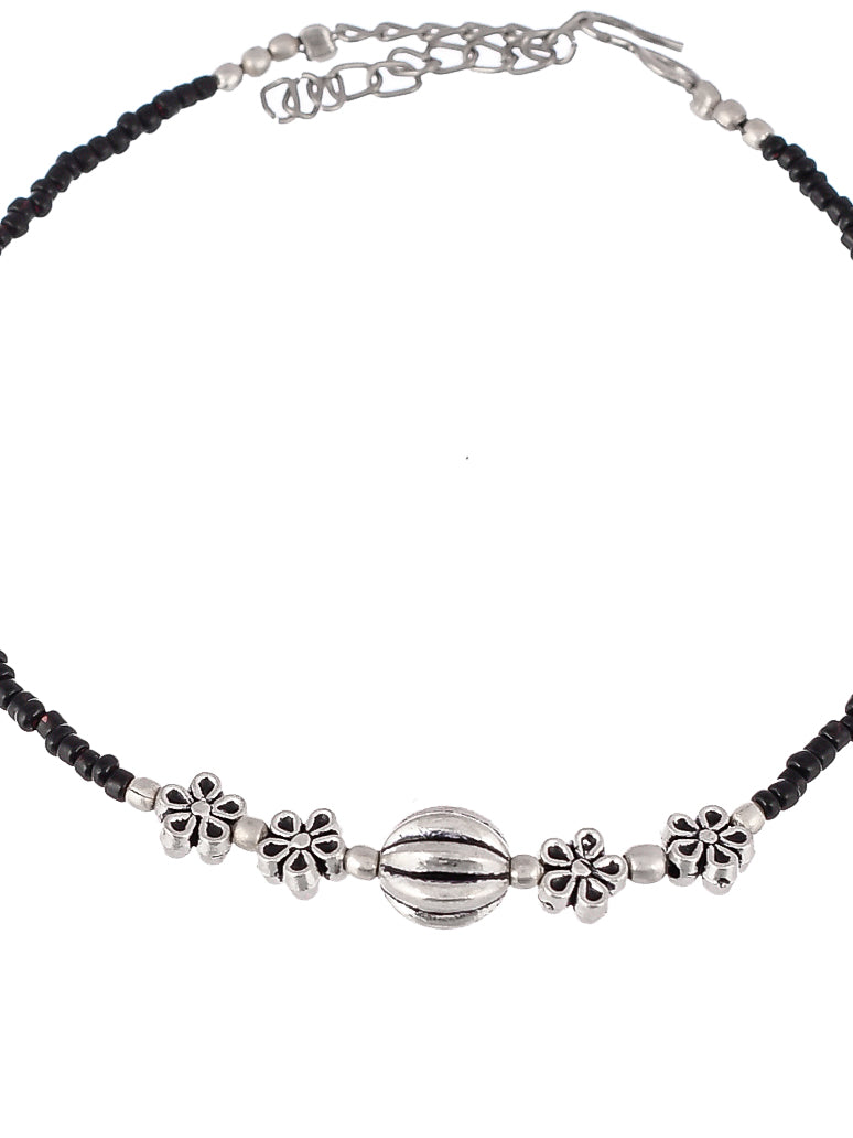 Silver Floral Beaded Chain Anklet