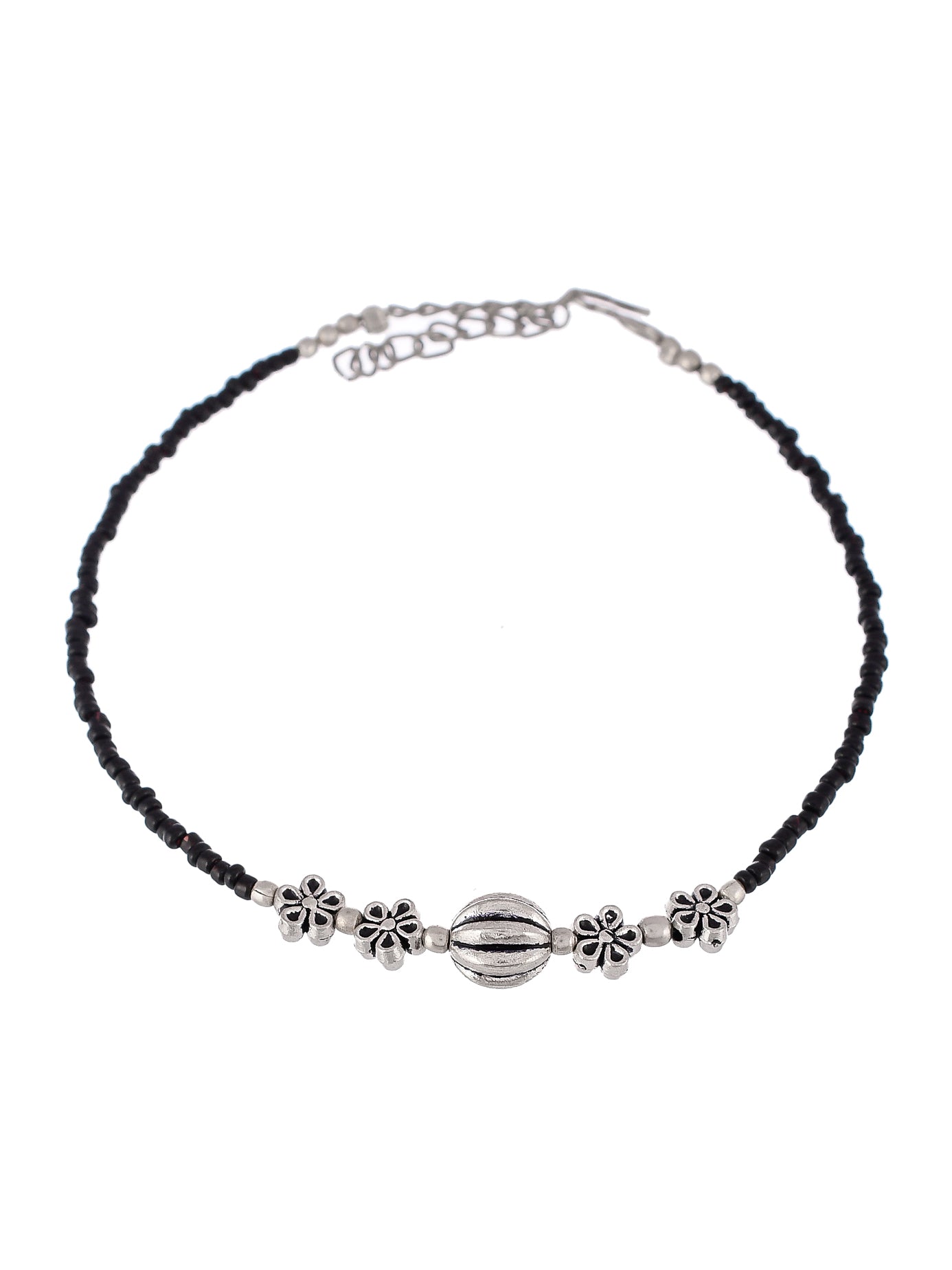 Silver Floral Beaded Chain Anklet