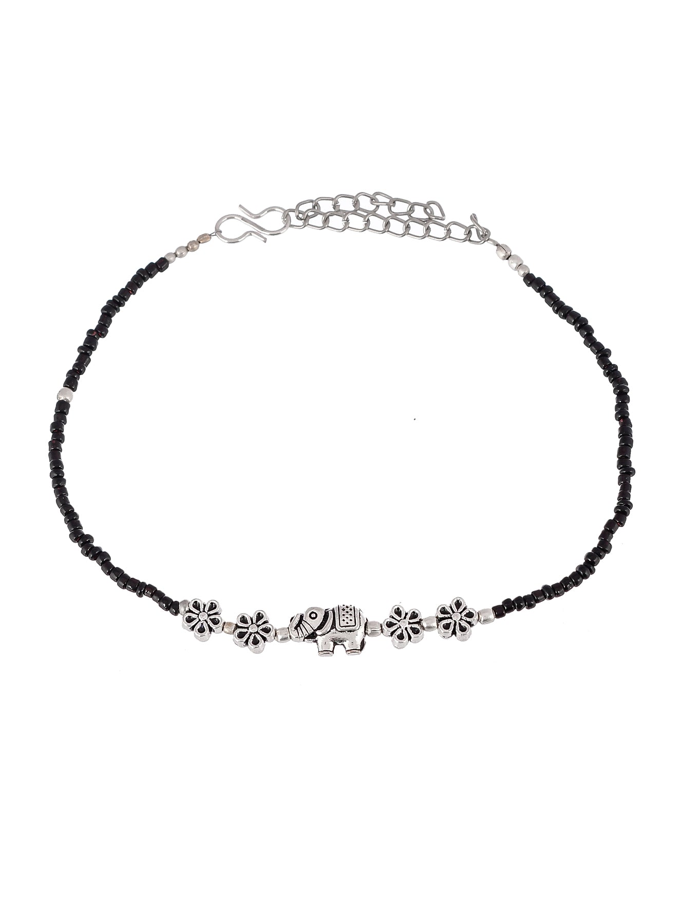 Black Beaded Chain Anklet with Elephant