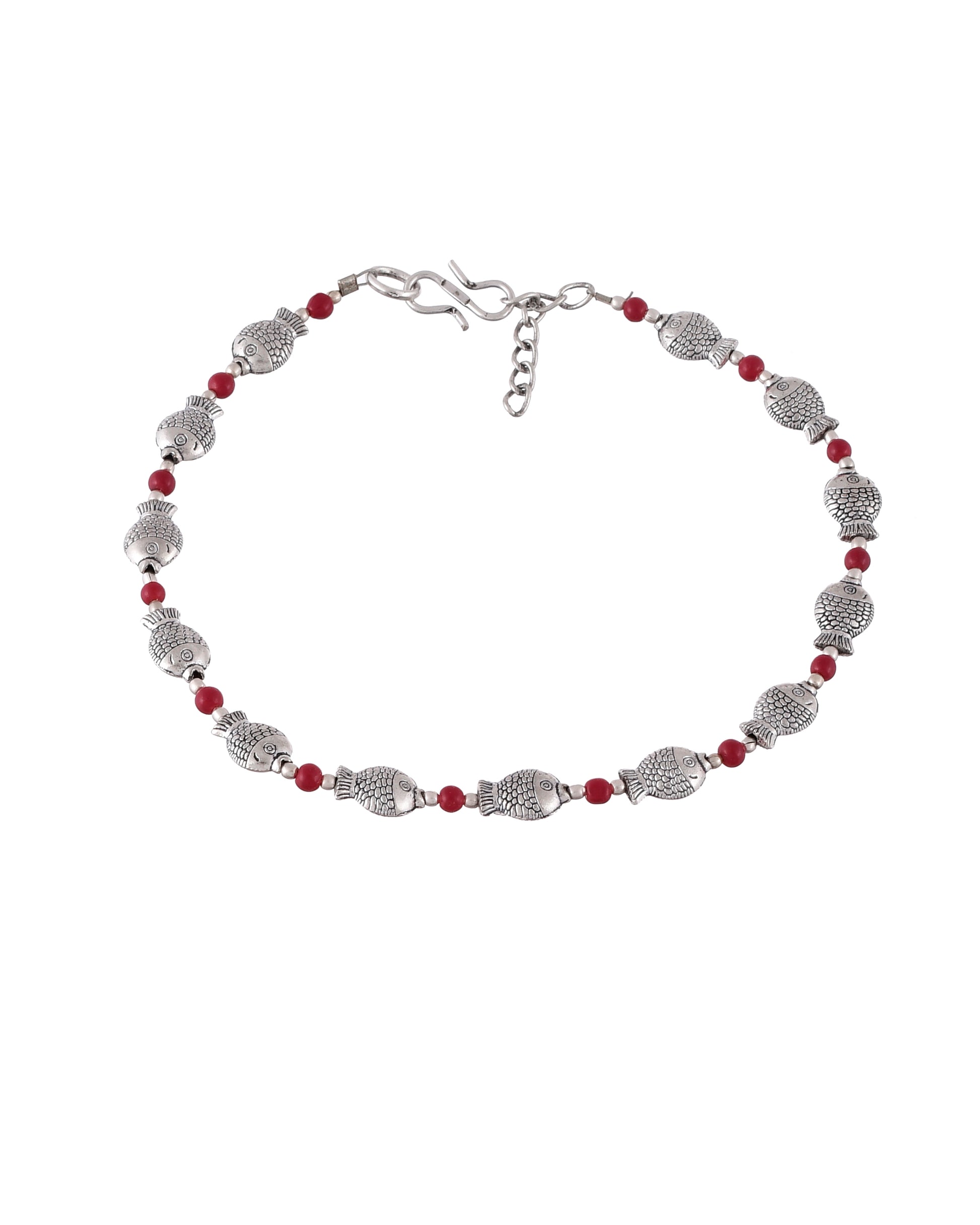 Set Of 2 Oxidised Silver Plated Red Beaded Handcrafted Anklets