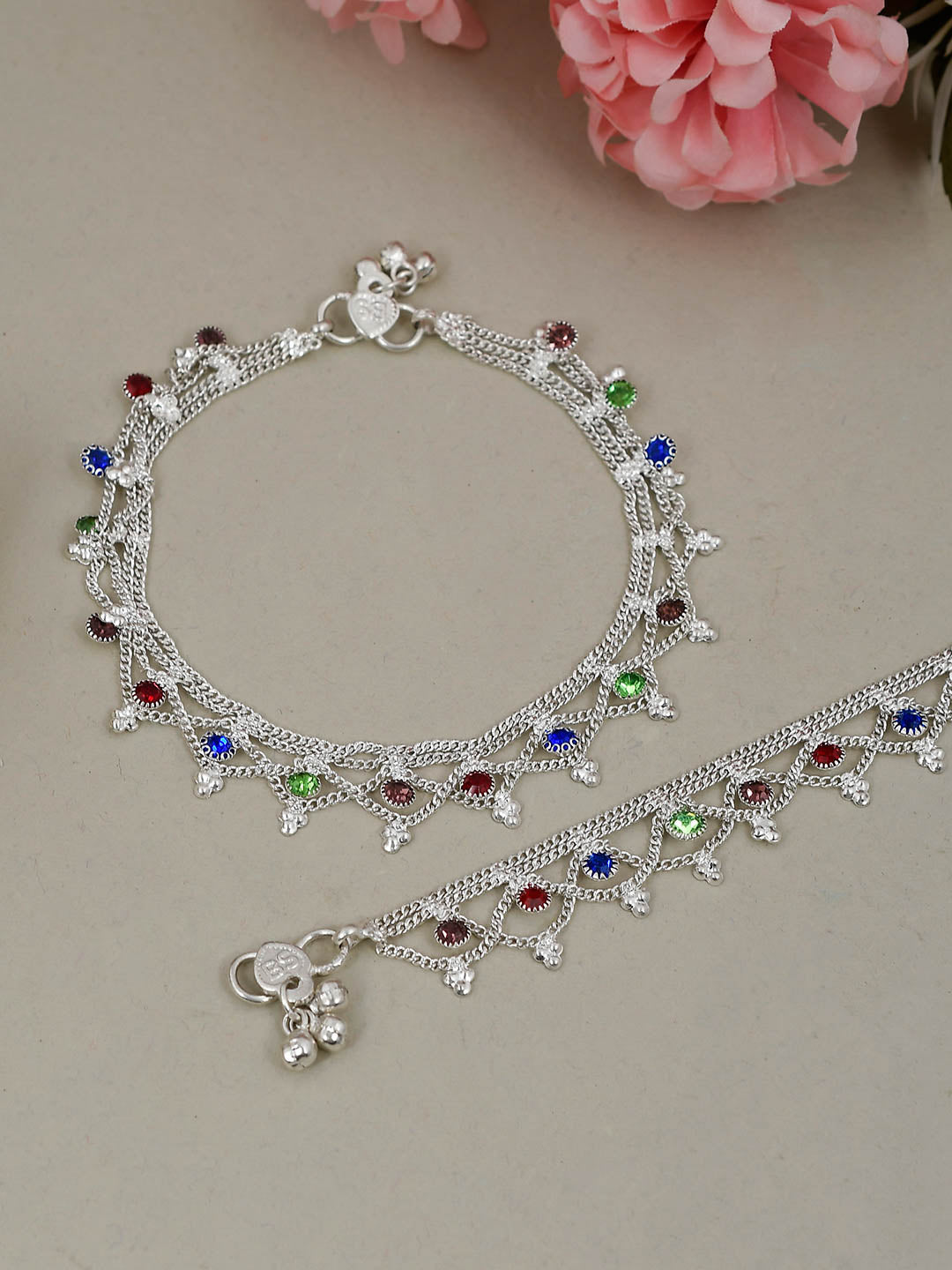 Set Of 2 Silver Plated Multistone Layered Anklets