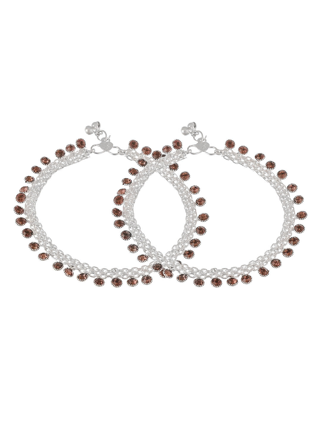 Set Of 2 Silver Plated Brown Stone Studded Layer Payal Anklets