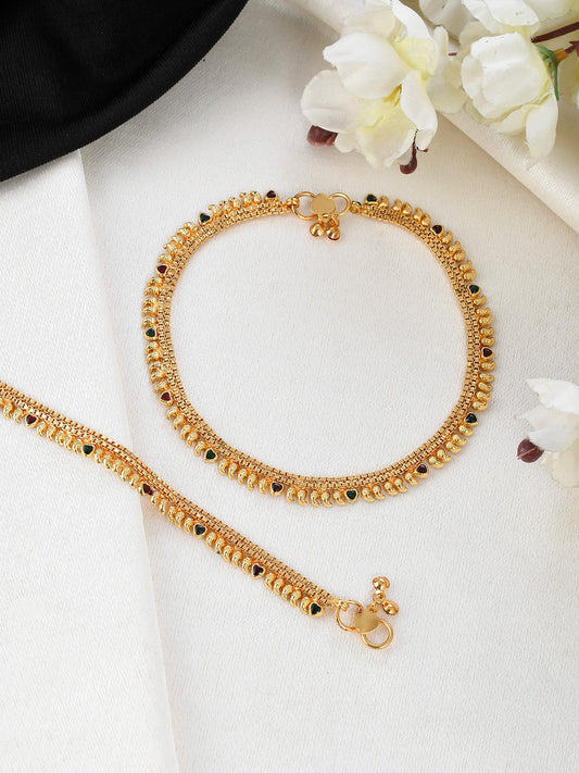 Set of 2 Gold Plated & Black Stone Studded Bridal Handcrafted Anklets for Women Online