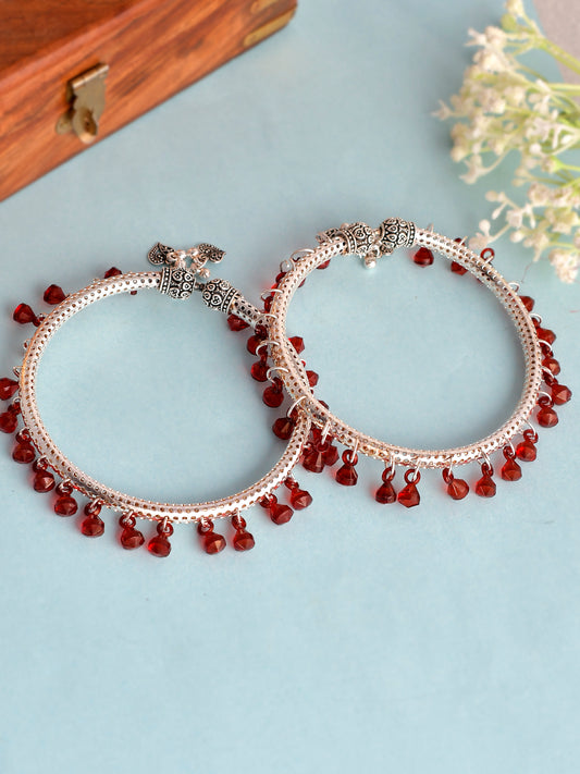 Red Silver Plated Beaded Kada Anklets for Women Online
