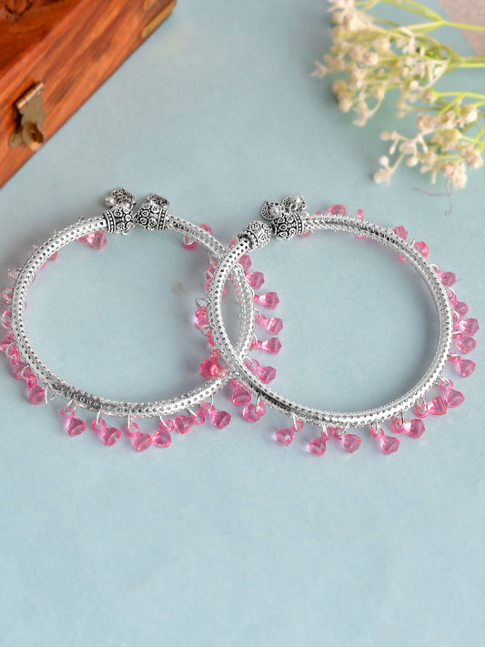 Silver Plated & Pink Bead Kada Anklets