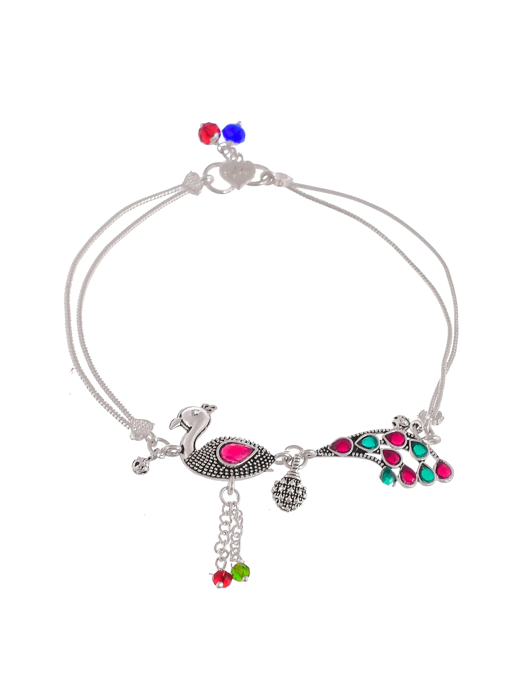 Silvermec Designs Red Silver Toned Plated Traditional Peacock Anklet