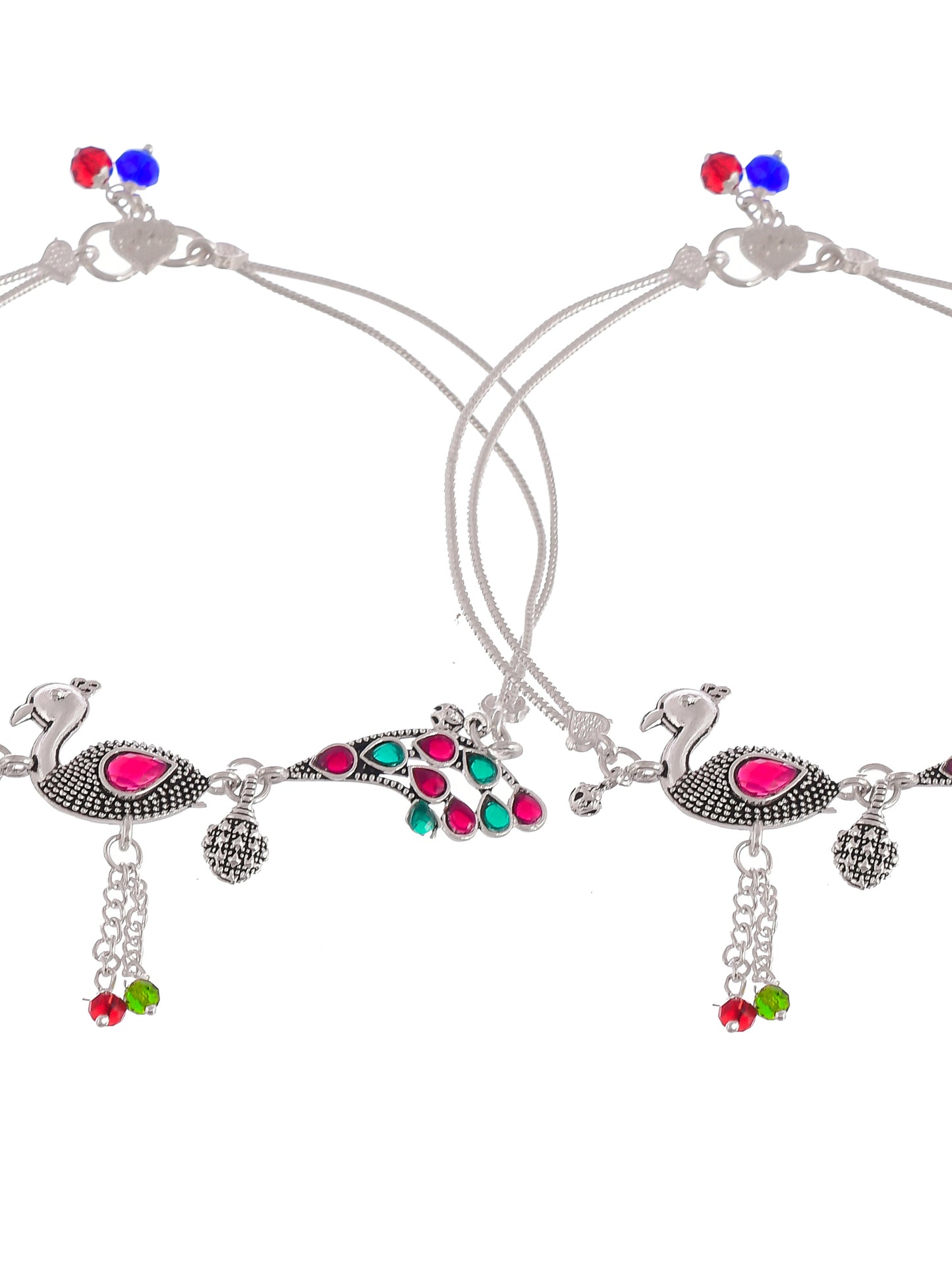 Silvermec Designs Red Silver Toned Plated Traditional Peacock Anklet