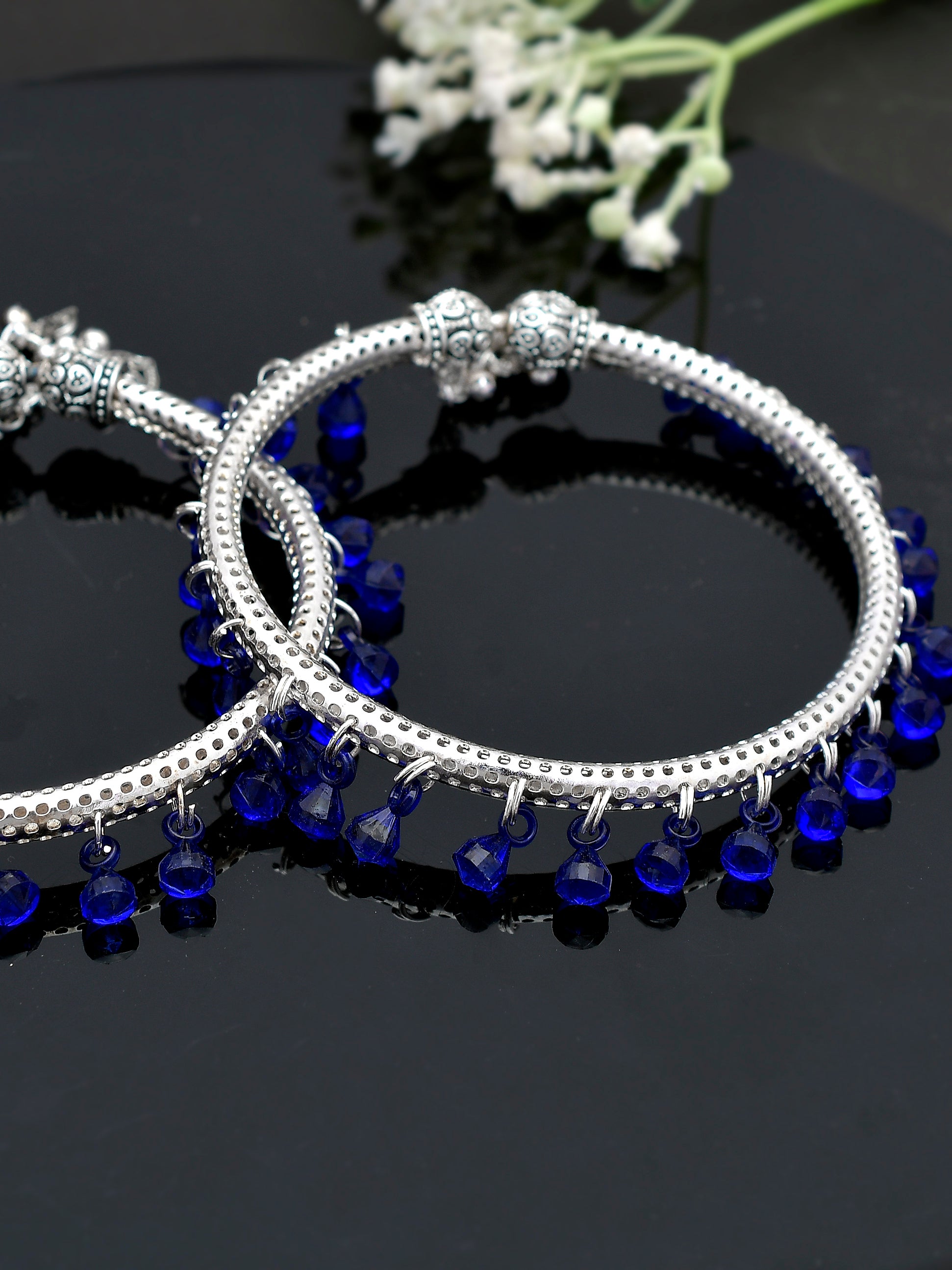 Blue Beads Drop Silver Plated Anklet Kada - Anklets for Women Online