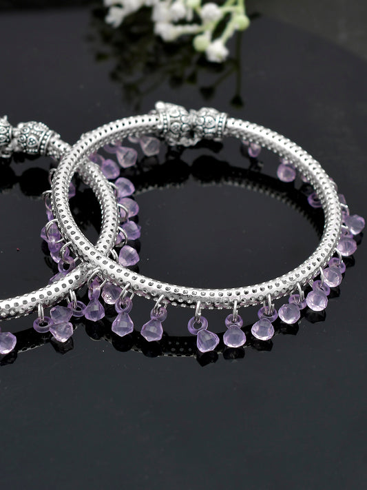 Set Of 2 Silver Plated Lavender Coloured Beaded Tribal Kada Anklets