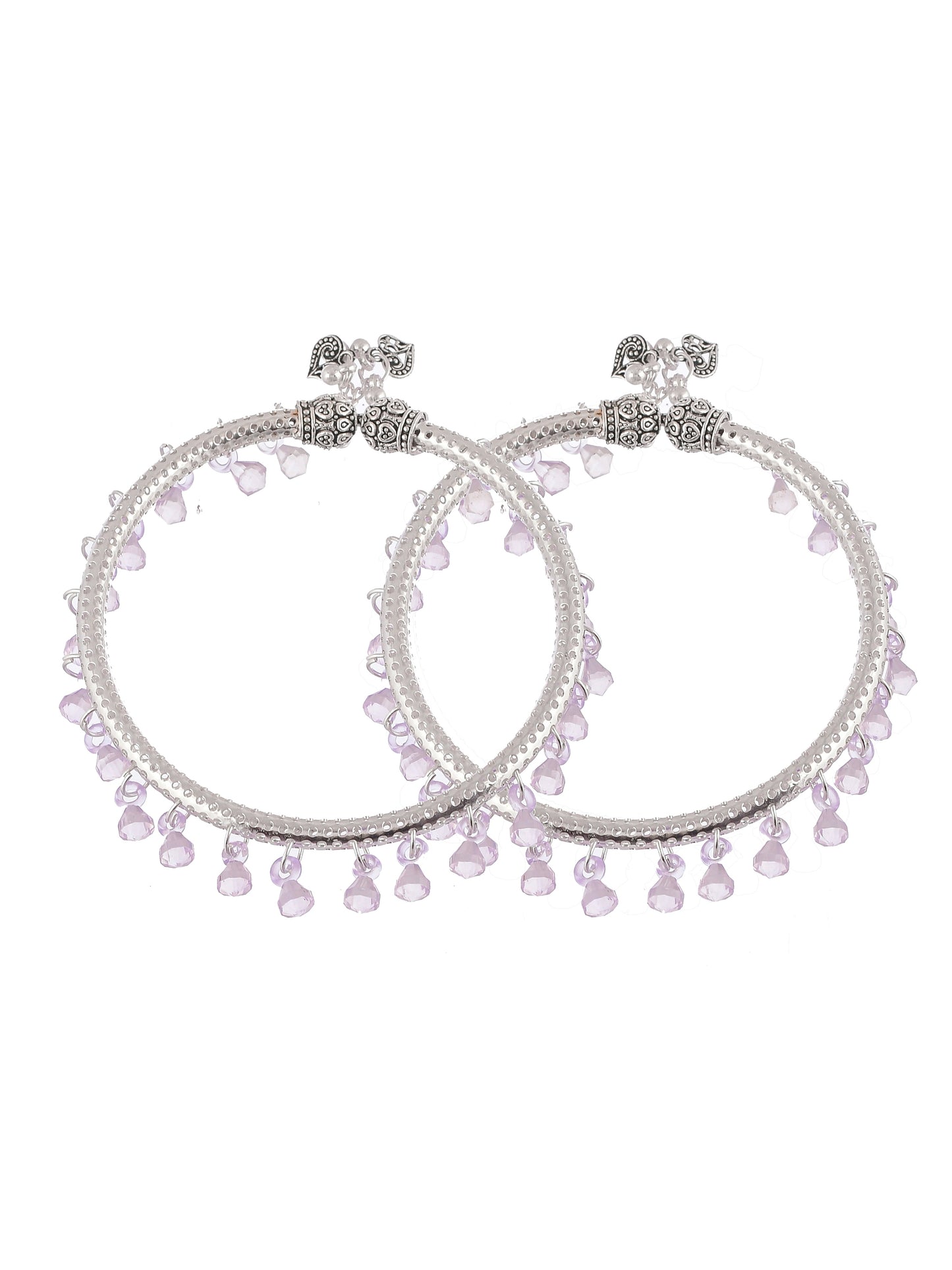 Set Of 2 Silver Plated Lavender Coloured Beaded Tribal Kada Anklets