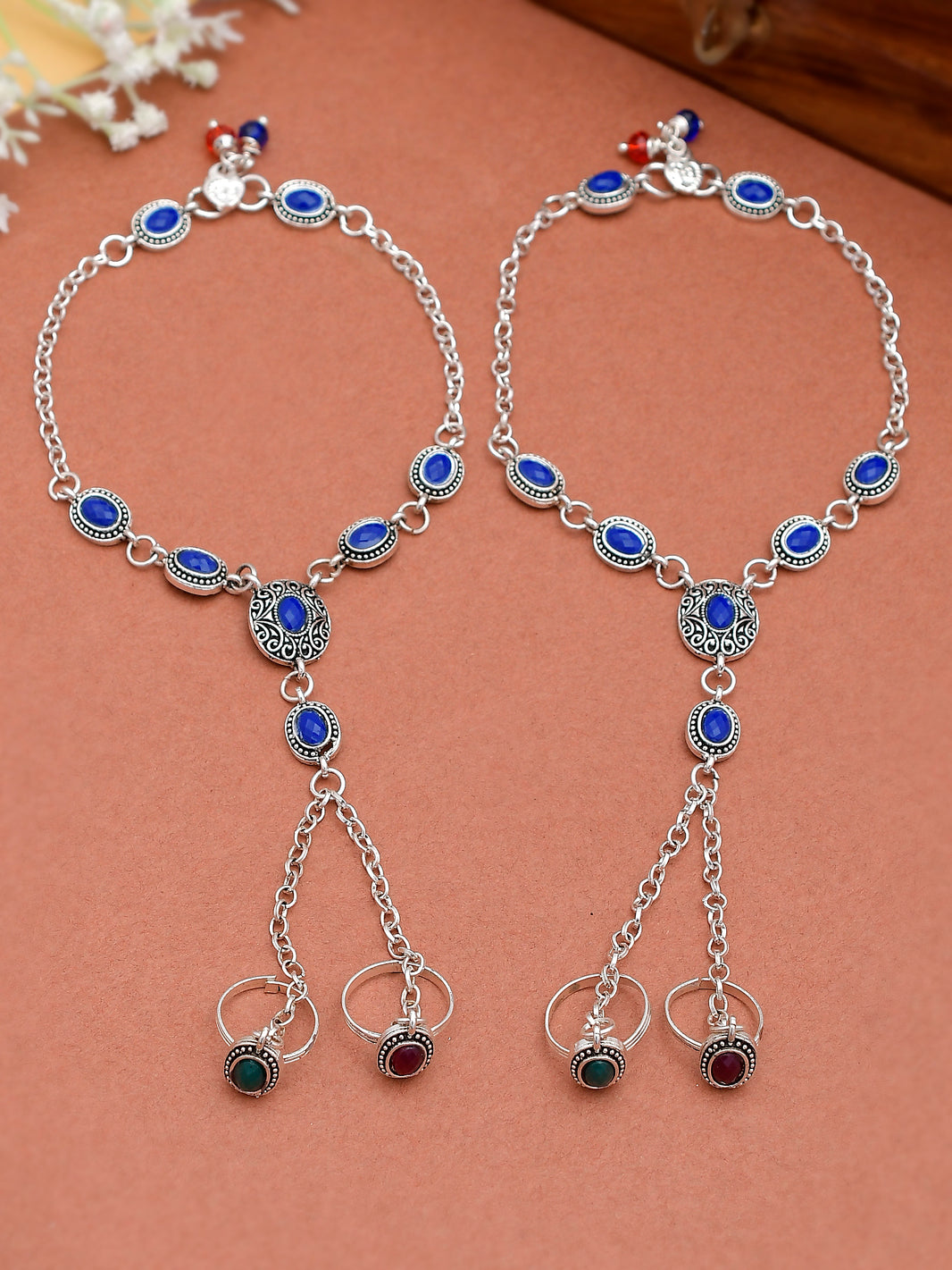Blue - Handcrafted Patwa Thread & Ghungroo Work Anklet 18