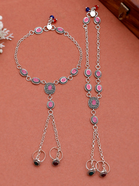 Silver Plated Pink Stones Anklets With Toe Rings