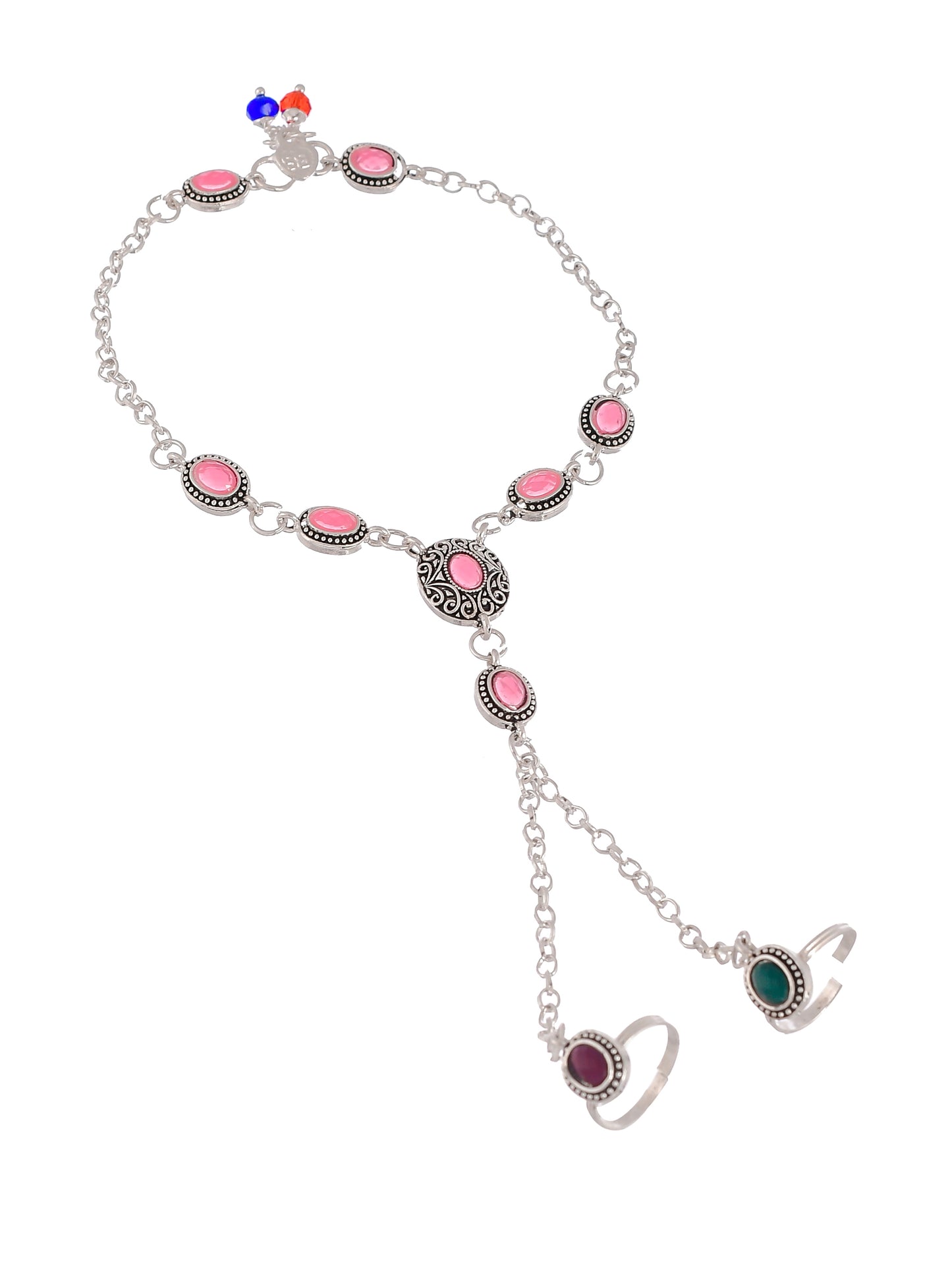 Silver Plated Pink Stones Studded Beaded Anklets With Toe Rings