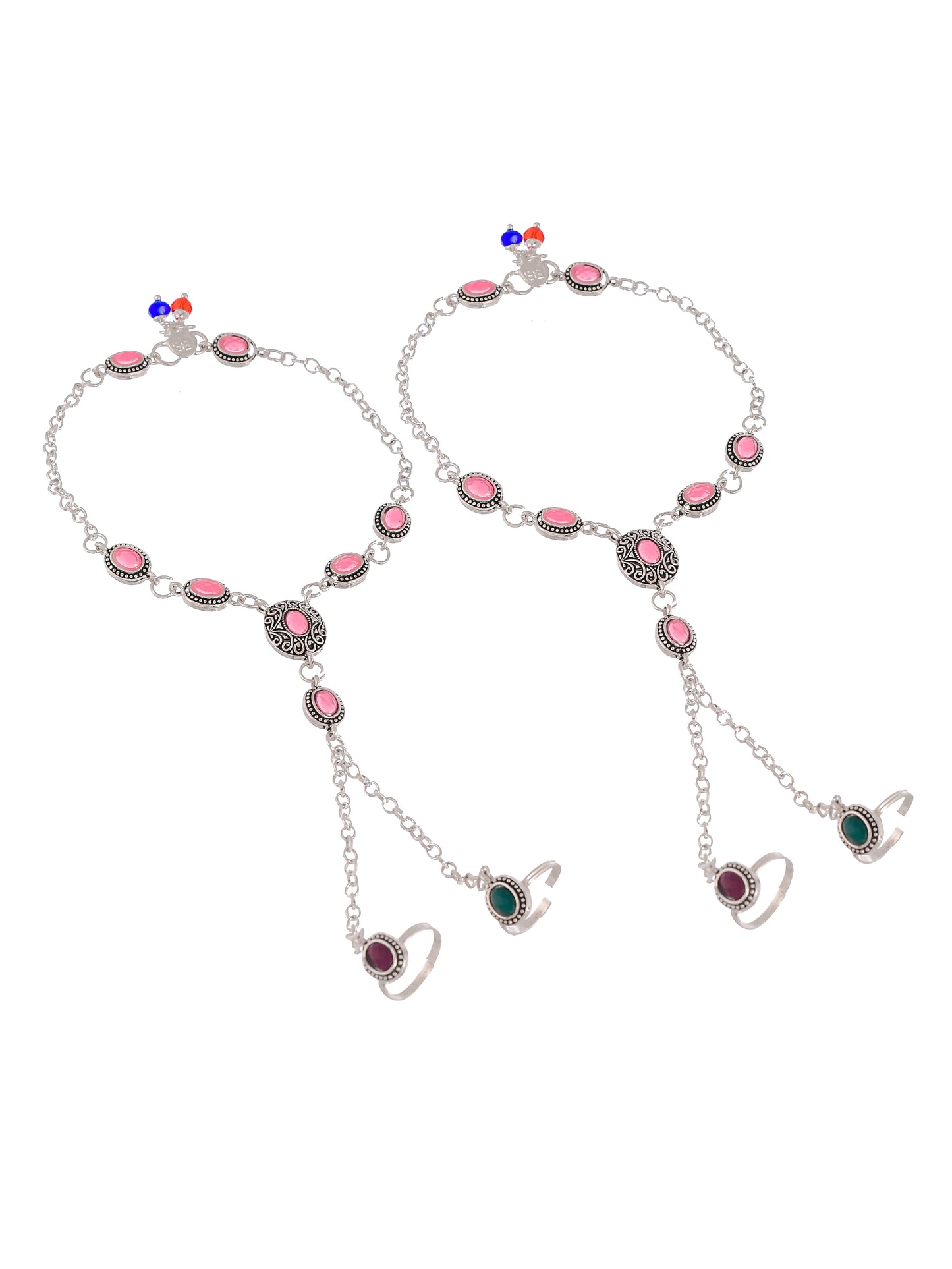 Silver Plated Pink Stones Studded Beaded Anklets With Toe Rings