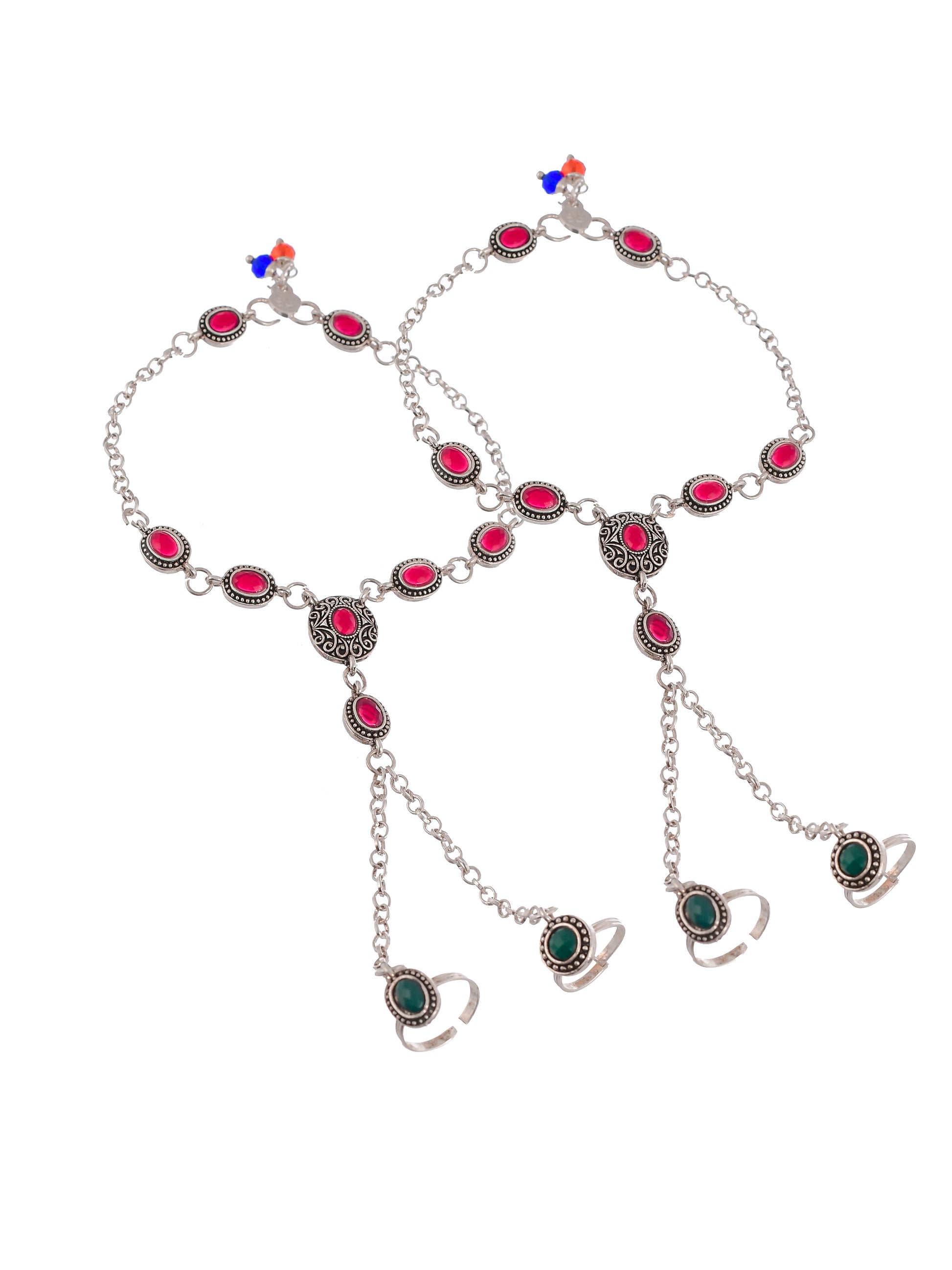 Set Of 2 Silver Plated Red Green Stone Studded Traditional Anklets