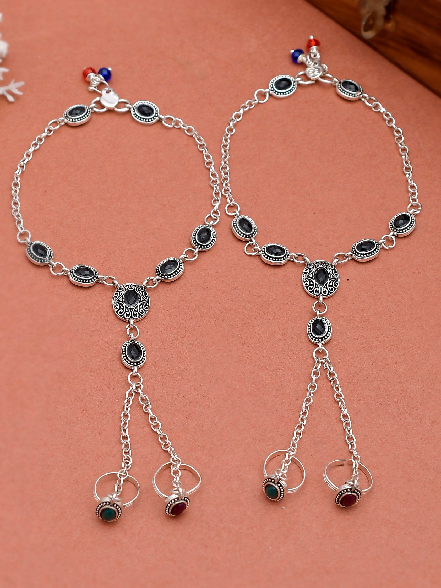 Modern Silver Toned & Black Oxidised Silver Chain Anklet With Toe Rings