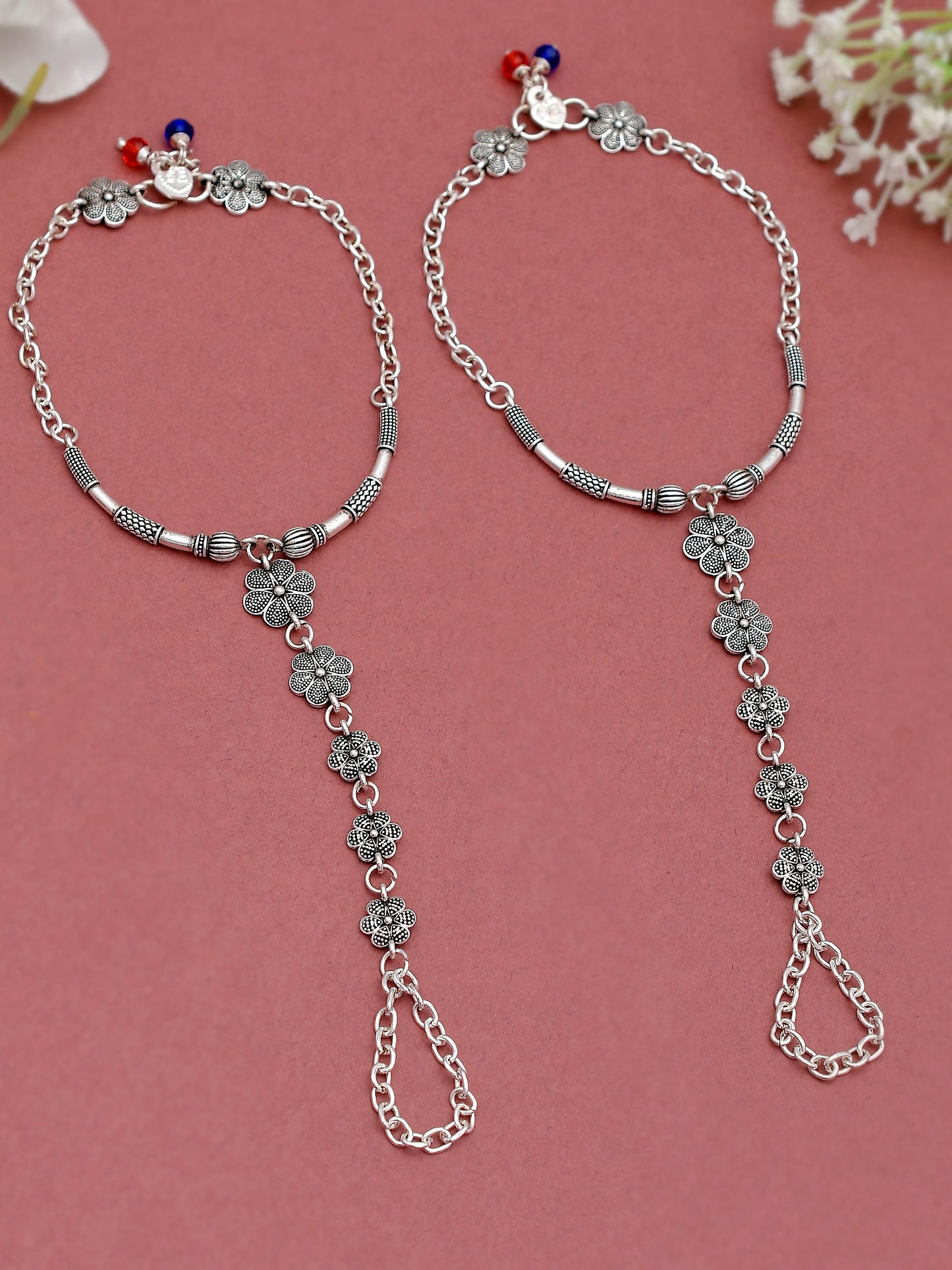 Silver Plated Floral Anklet With Toering