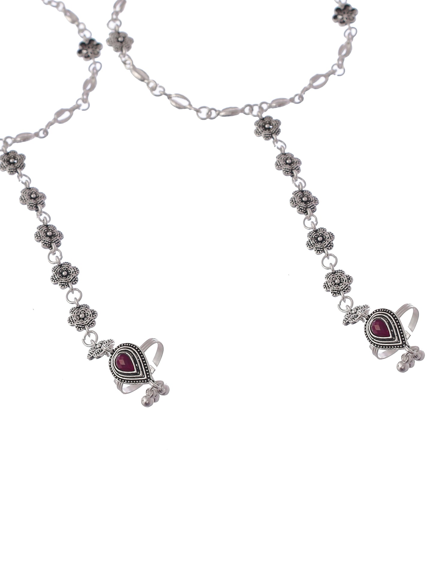 Silver Plated Red Stones Studded Beaded Chain Anklet With Toerings