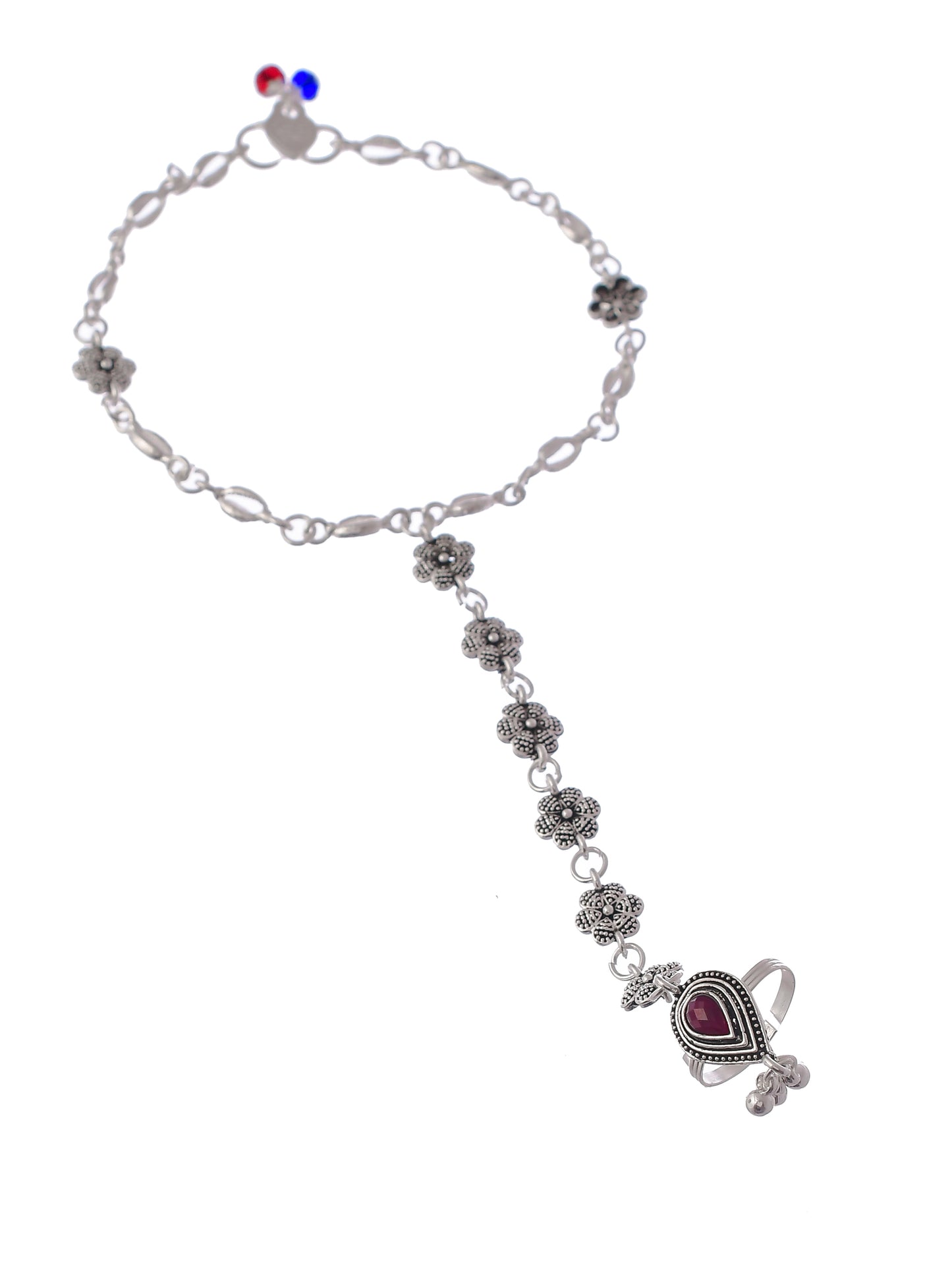 Silver Plated Red Stones Studded Beaded Chain Anklet With Toerings