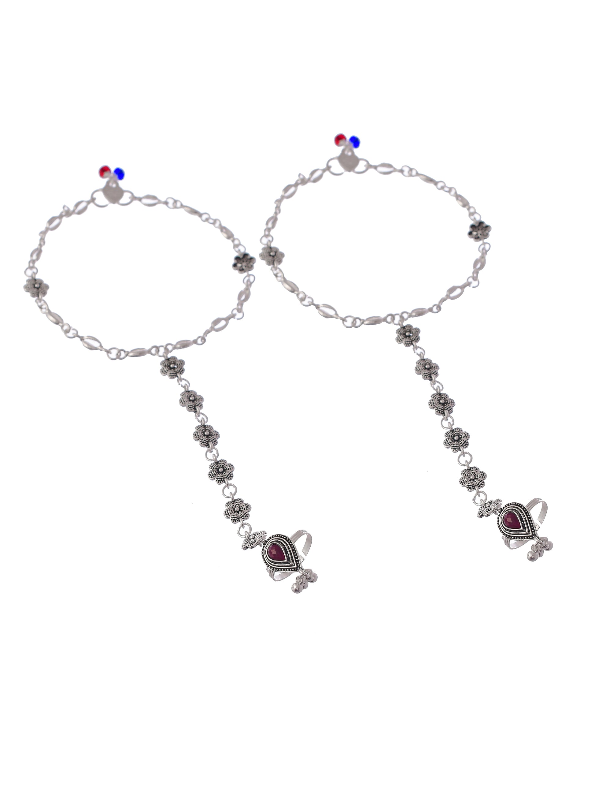 Silver Plated Red Stones Studded Beaded Chain Anklet With Toerings