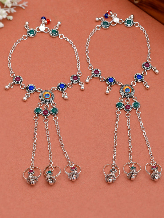 Multi stone silver plated anklet with triple toering