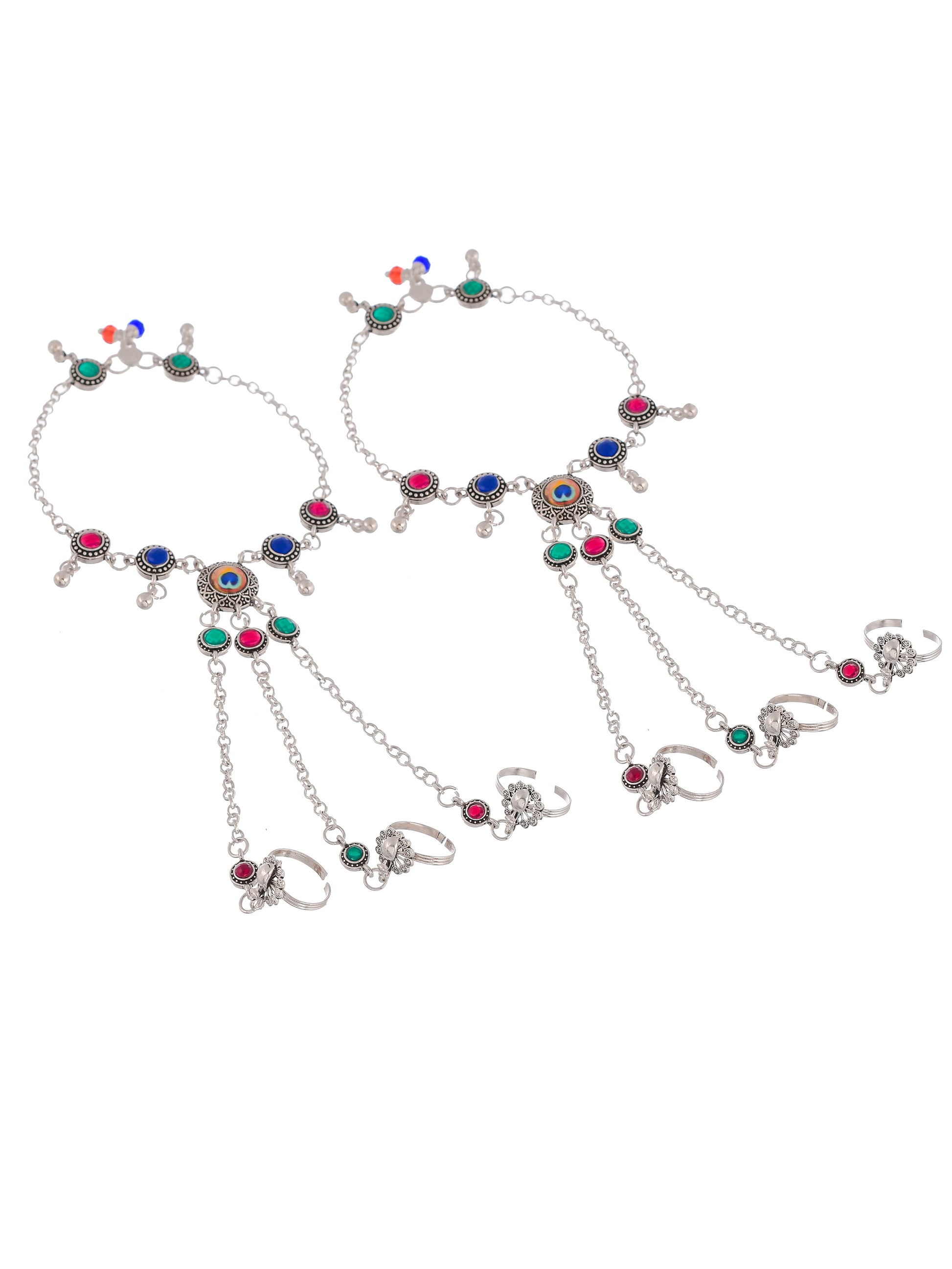 Multi stone silver plated anklet with triple toering