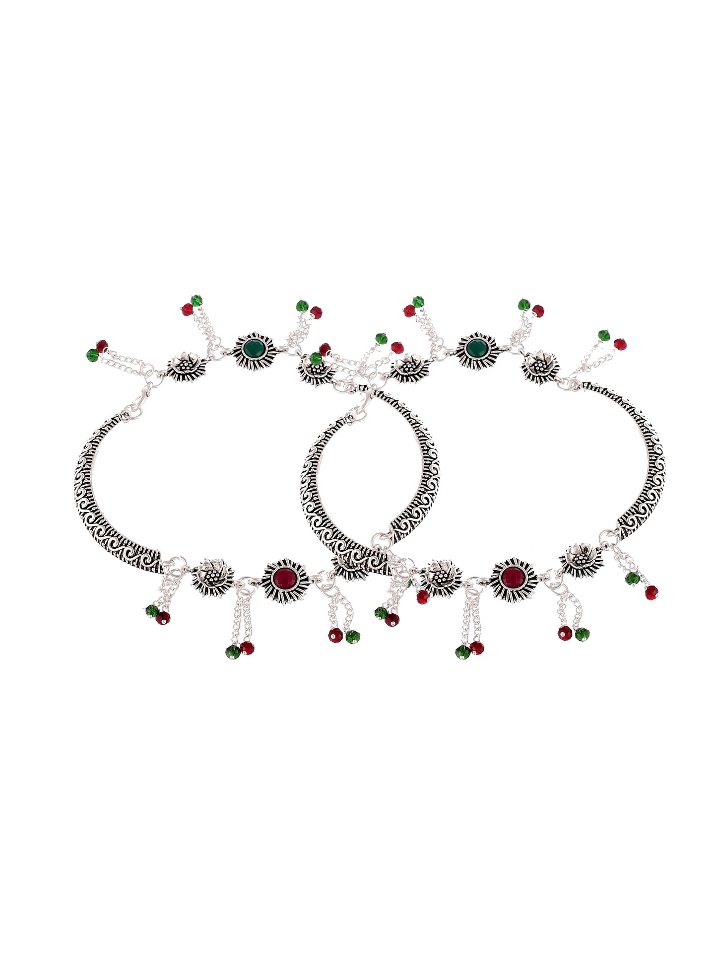 Set Of 2 Oxidized Silver Plated Red Green Stone Studded Anklets