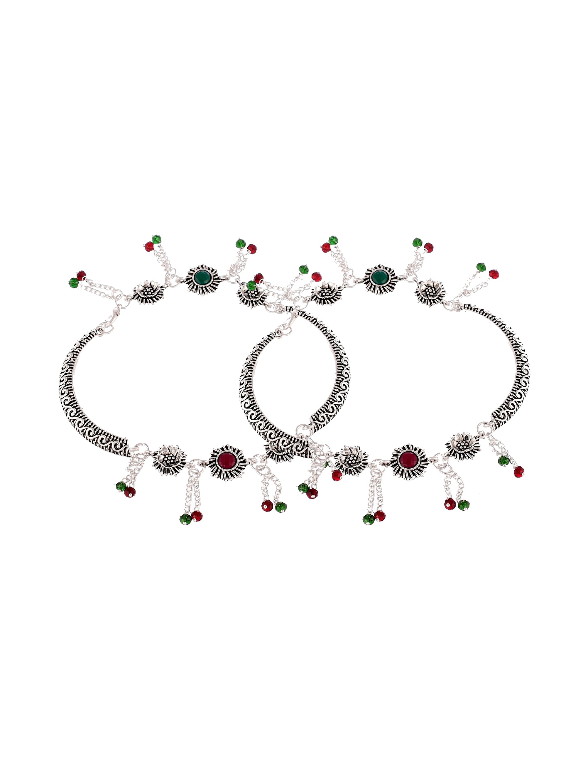 Set Of 2 Oxidized Silver Plated Red Green Stone Studded Anklets