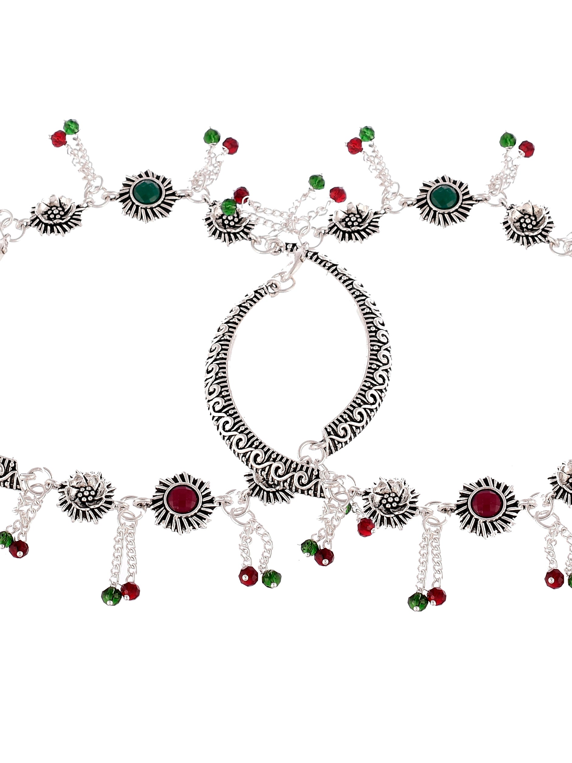 Set Of 2 Oxidized Silver Plated Red Green Stone Studded Anklets