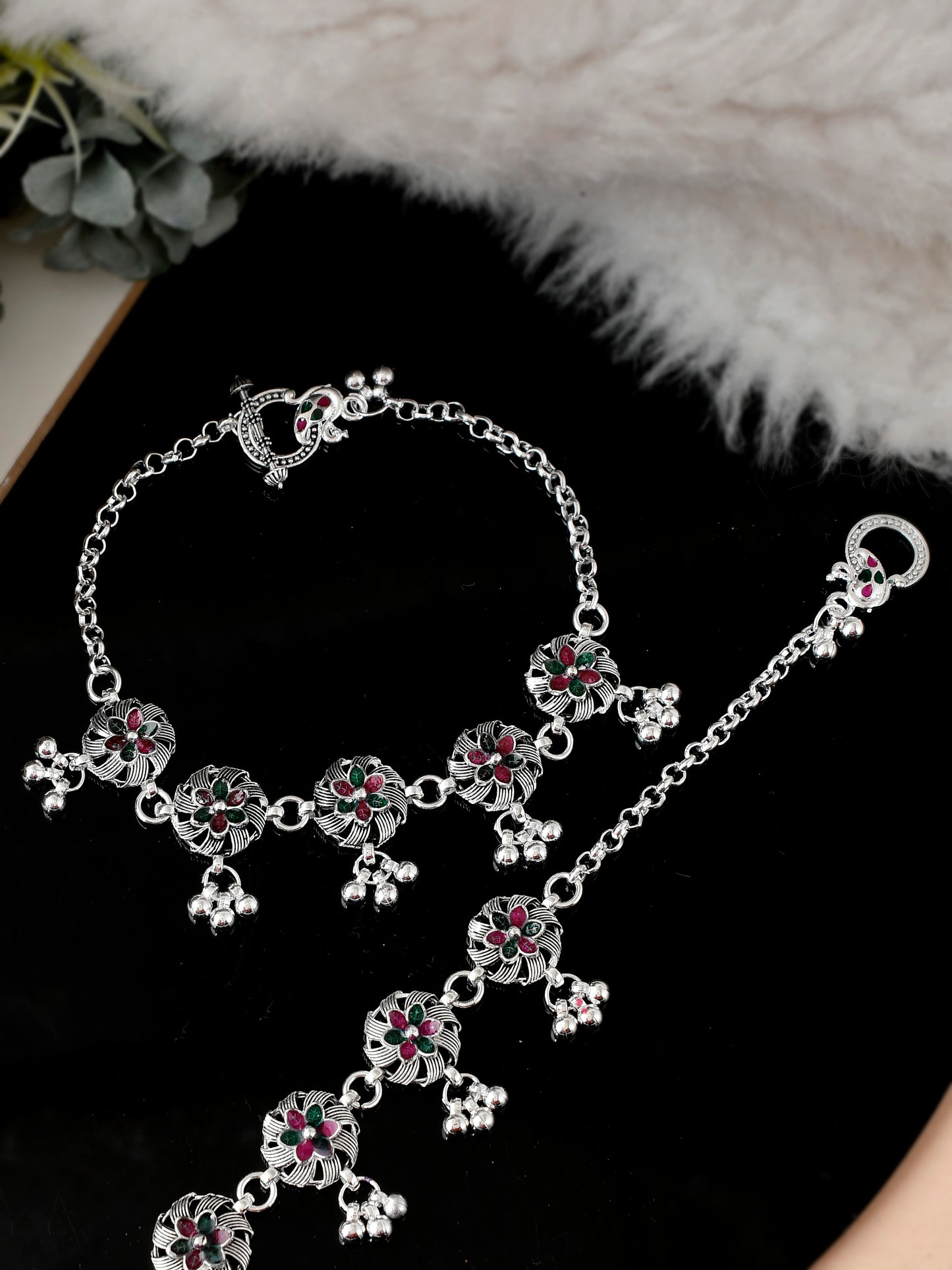 Silver Plated Oxidised Floral Chain Anklets