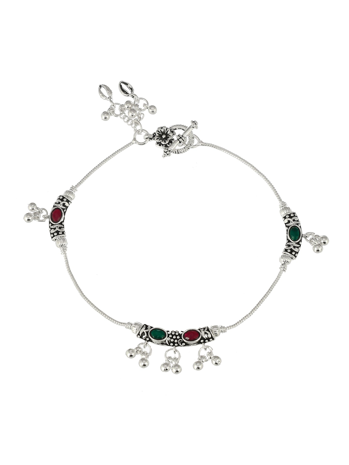 Silver Toned Green & Red Beaded Chain Anklet