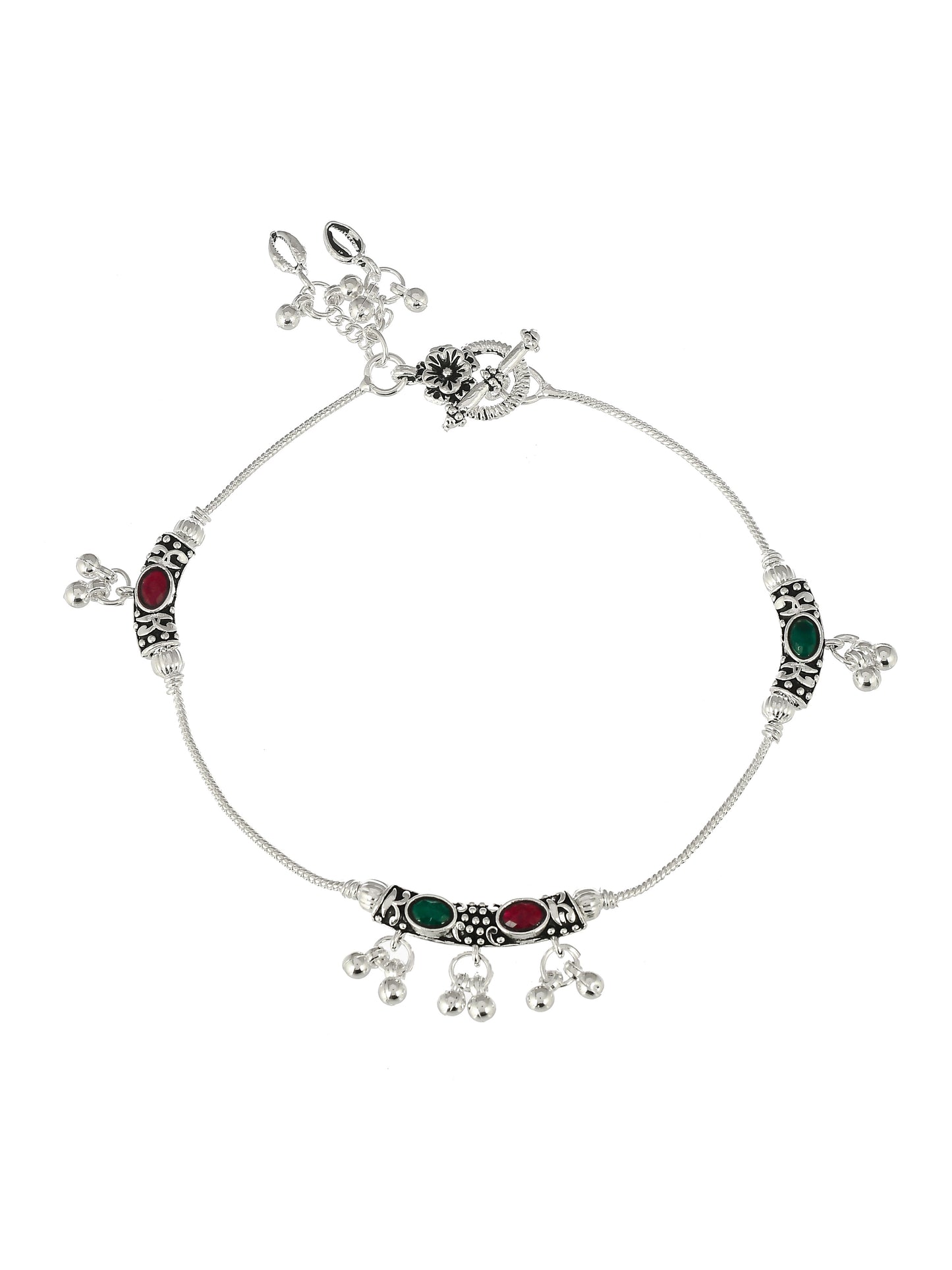 Silver Plated Red& Green Beaded Designer Anklet