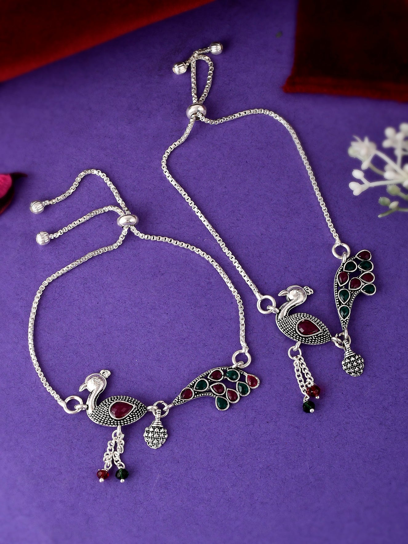 Silver-plated Red & Green Stone Anklets for Women Online