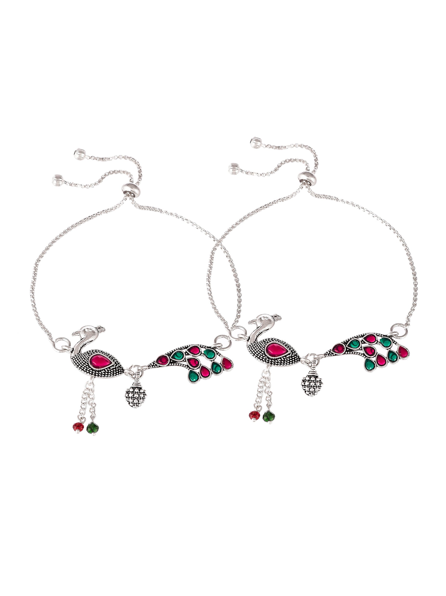 Silver-Plated Red & Green Stone Anklet