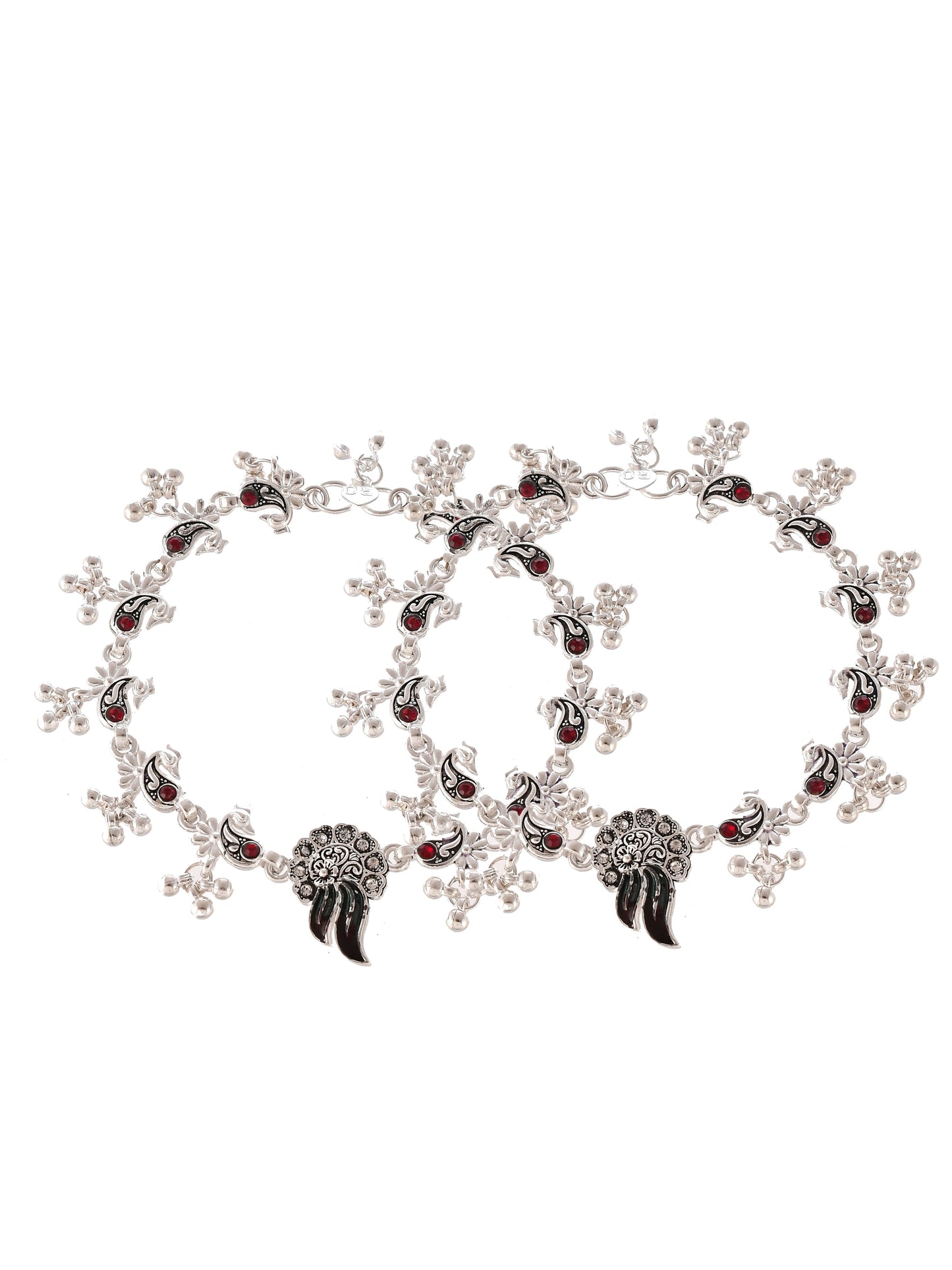 Silver Plated Oxidised Red Stone Studded Anklets