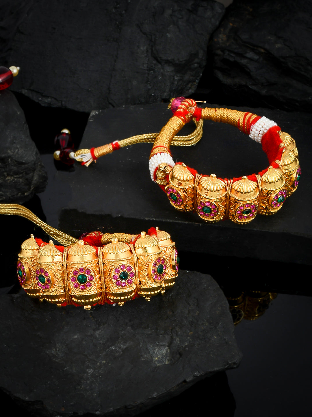 Gold Plated Pink Green Stone Stubbed Traditional Rajputi Armlet Bracelet