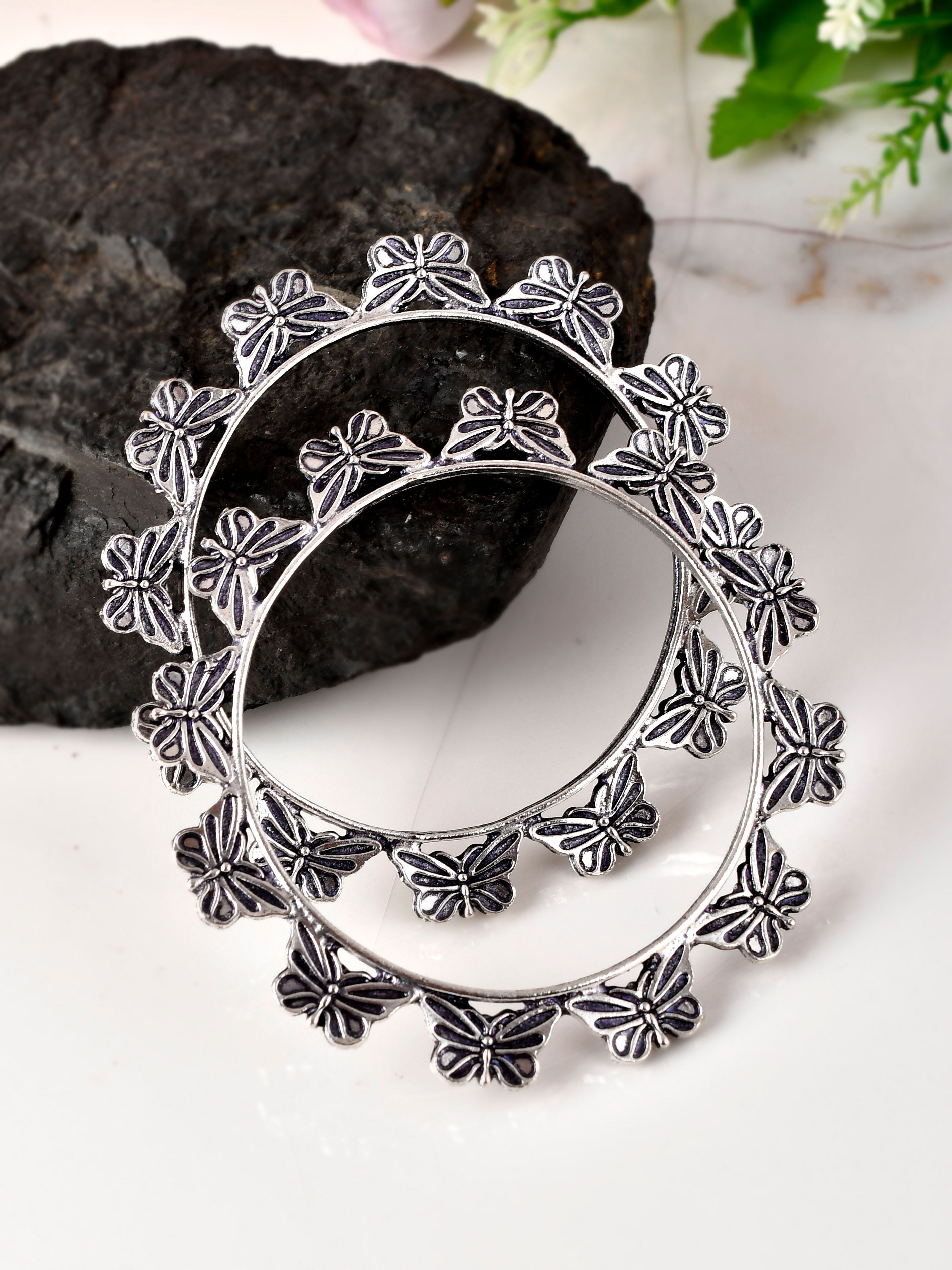 Buy Set of 2 Silver Toned Oxidised Butterfly Design Bangles for Women ...