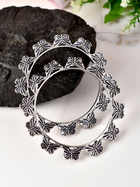 Set Of 2 Silver Toned Oxidised Butterfly Design Bangles