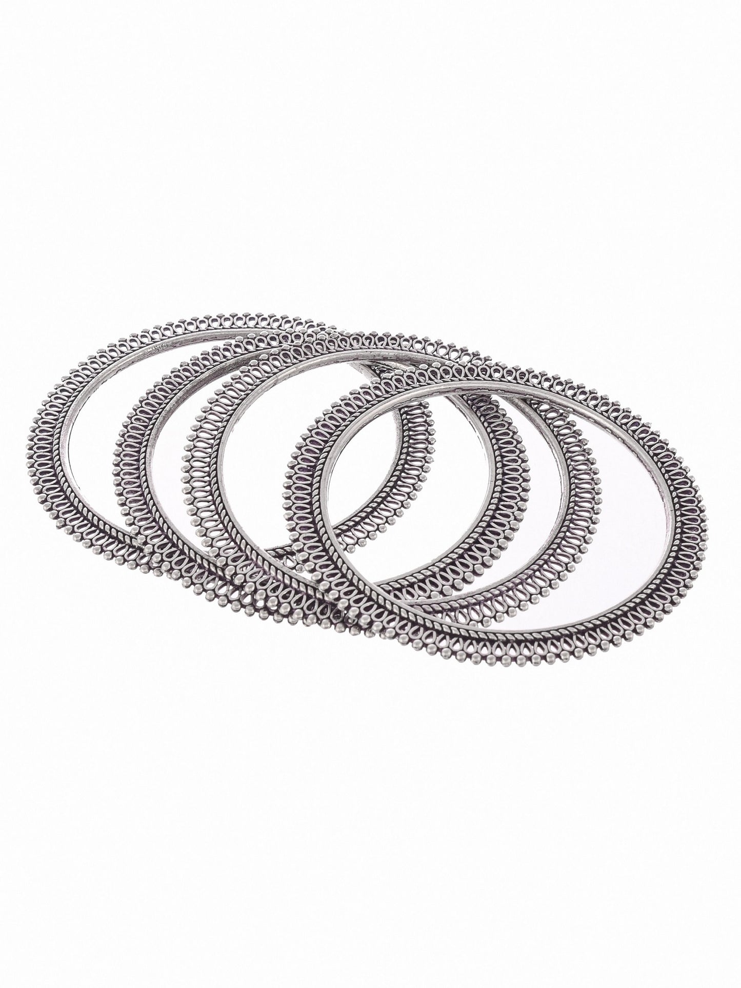 Set Of 4 Silver Tone Oxidised Bangles