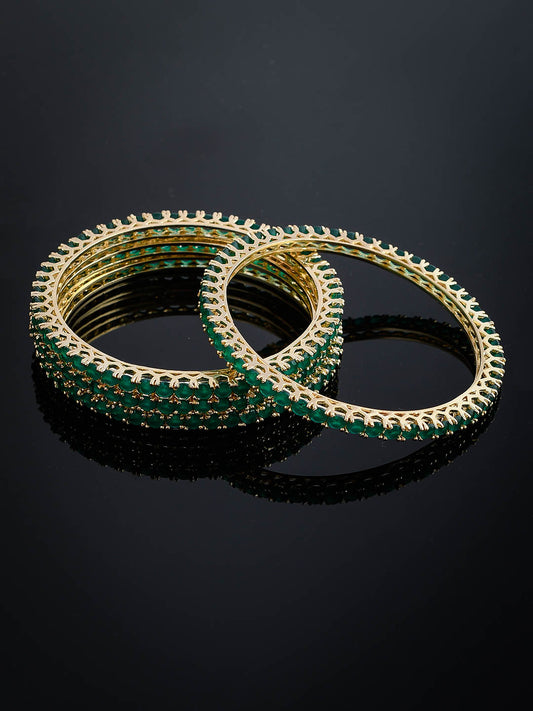 Set Of Four Gold Plated Green American Diamond Studded Handmade Traditional Bangle For Women