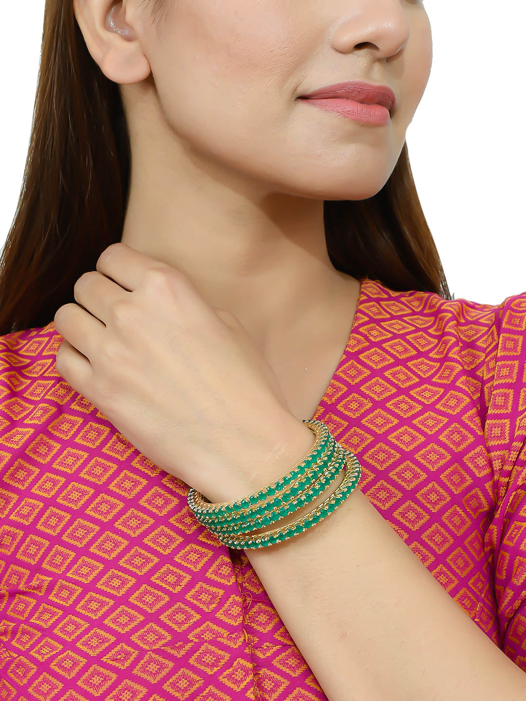 Gold Plated Green Emerald HandmadeDesigner Set Of 4 Bangles For Women